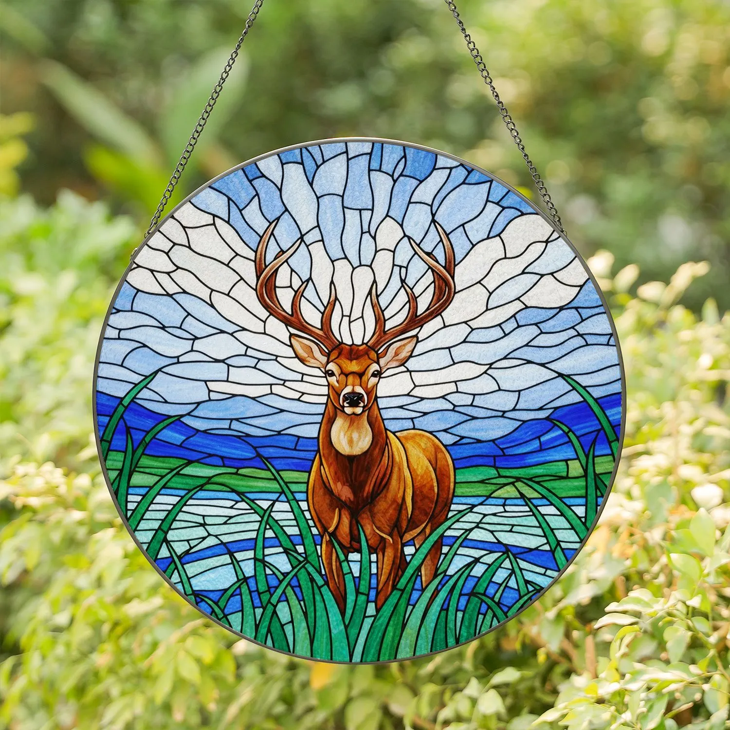 Majestic Deer Buck Antlers Stained Glass Tiffany Style - Nature Wildlife Home Decor Stained Glass Suncatcher - 1