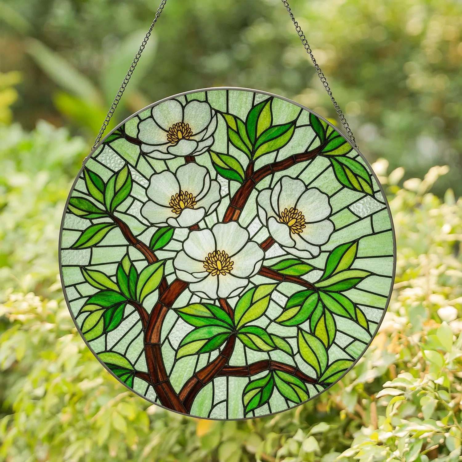 White-Green Flowers Emerald Leaves Deep Brown Branches Tiffany Stained Glass Aqua Mosaic Stained Glass Suncatcher - 1