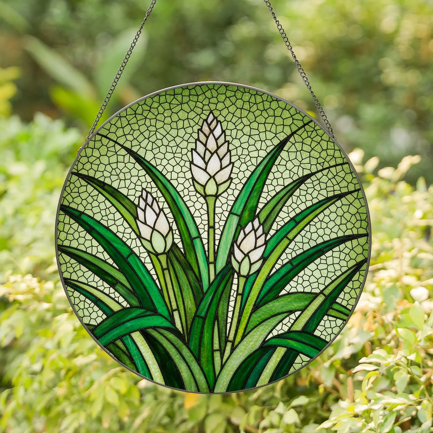 Translucent Stained Glass Emerald Green Sword Leaves Spiky Flower Buds Tiffany Art Stained Glass Suncatcher - 1