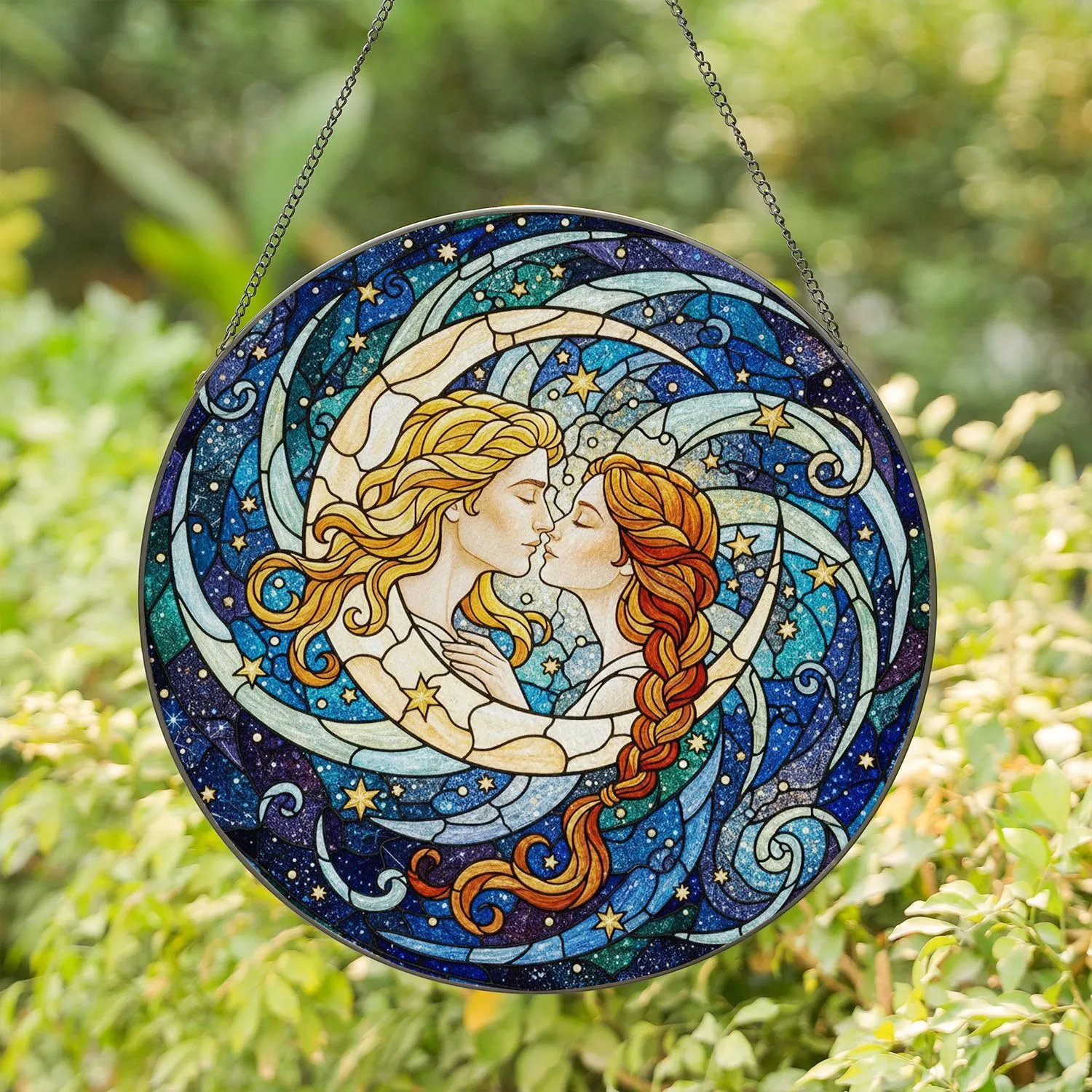 Celestial Lovers Kissing Crescent Moon - Intricate Jewel Tone Stained Glass Tiffany Art Stained Glass Suncatcher - 1