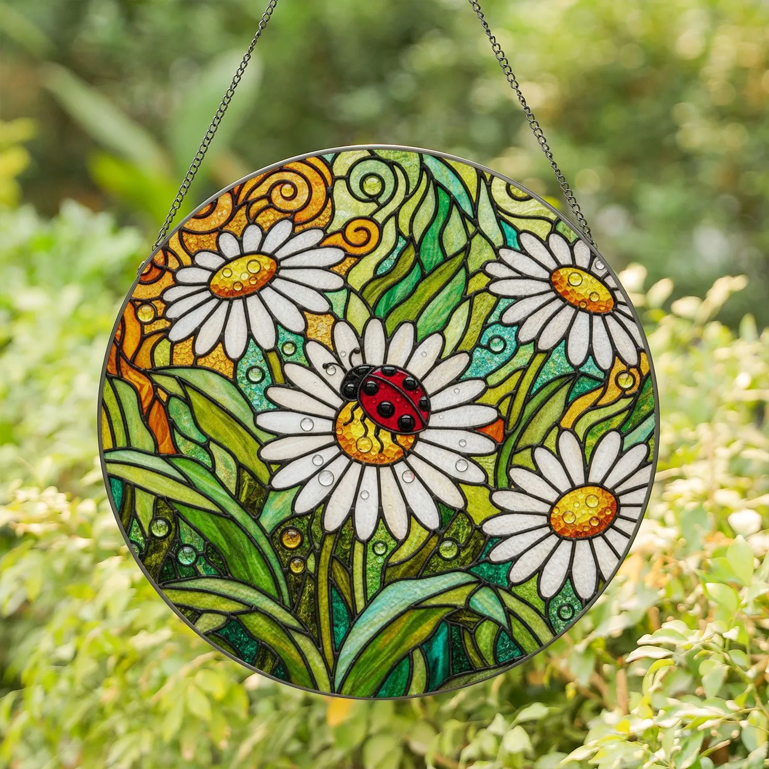 Vibrant Red Ladybug Daisy Flower Garden - Tiffany Stained Glass Style Home Decor Gift Stained Glass Suncatcher - 1