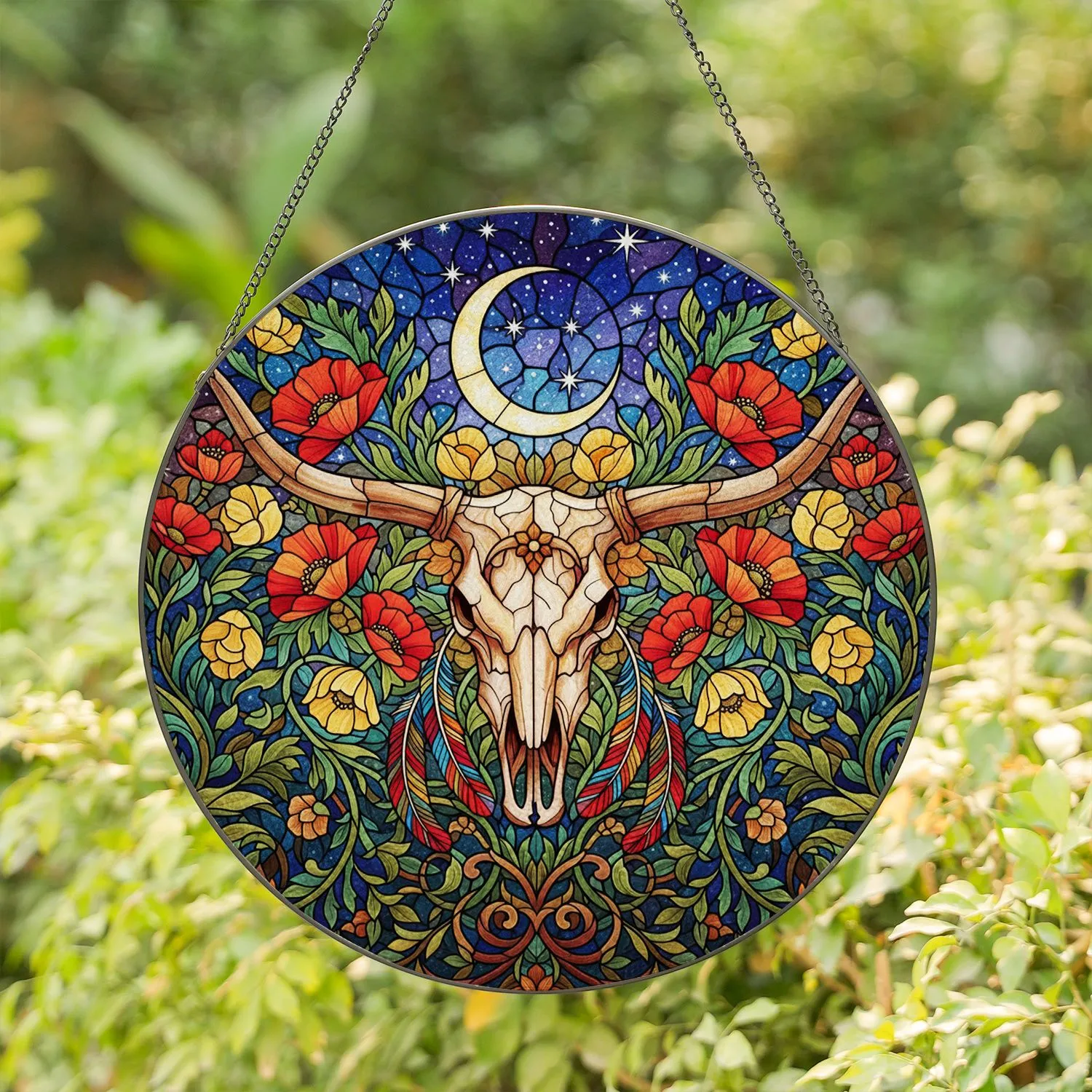 Intricate Longhorn Skull Stained Glass Poppies Moon Starry Night Western Home Decor Gift Stained Glass Suncatcher - 1