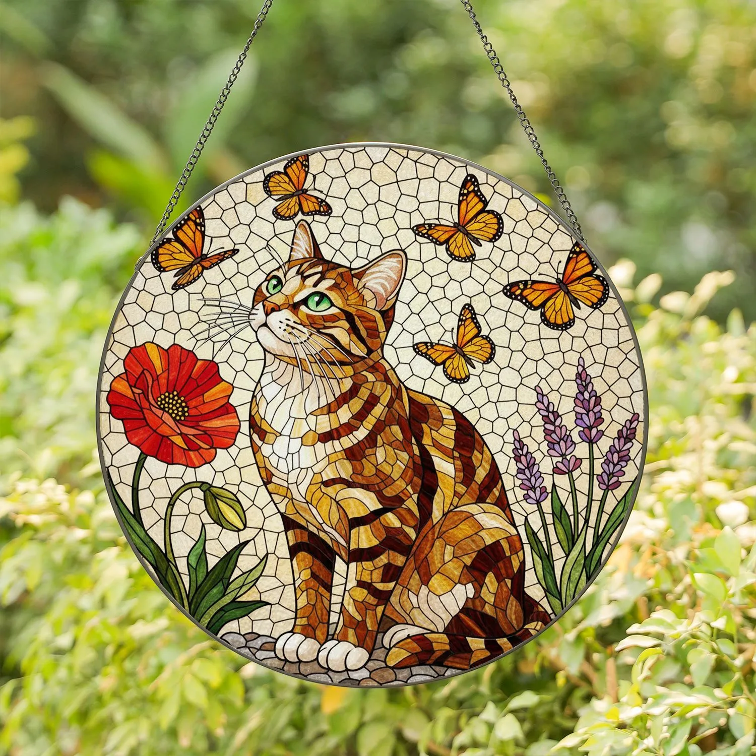 Majestic Tabby Cat Monarch Butterfly Stained Glass Poppy Lavender Flower Mosaic Art Stained Glass Suncatcher - 1