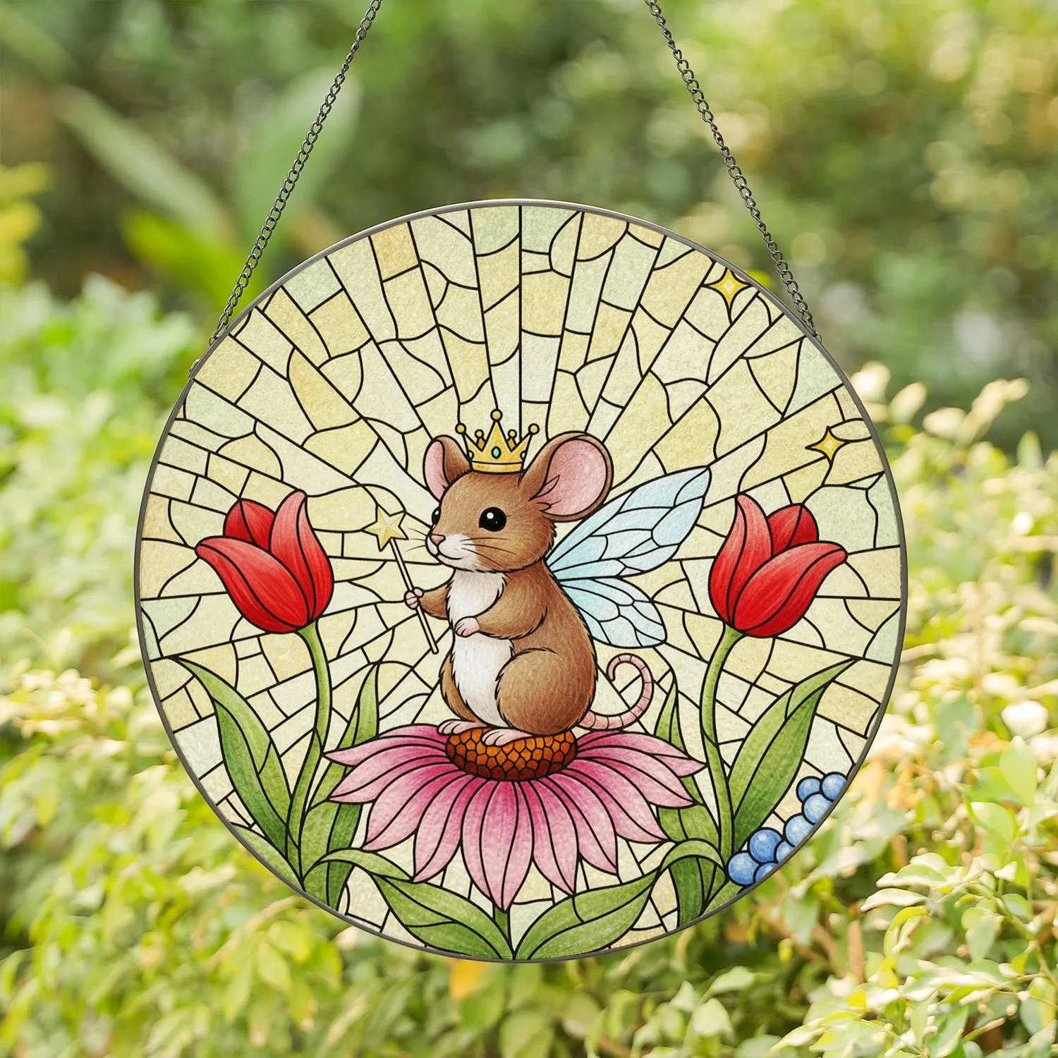 Brown Mouse Crown Fairy Wings, Pink Coneflower & Red Tulips Stained Glass Art Gift Stained Glass Suncatcher - 1