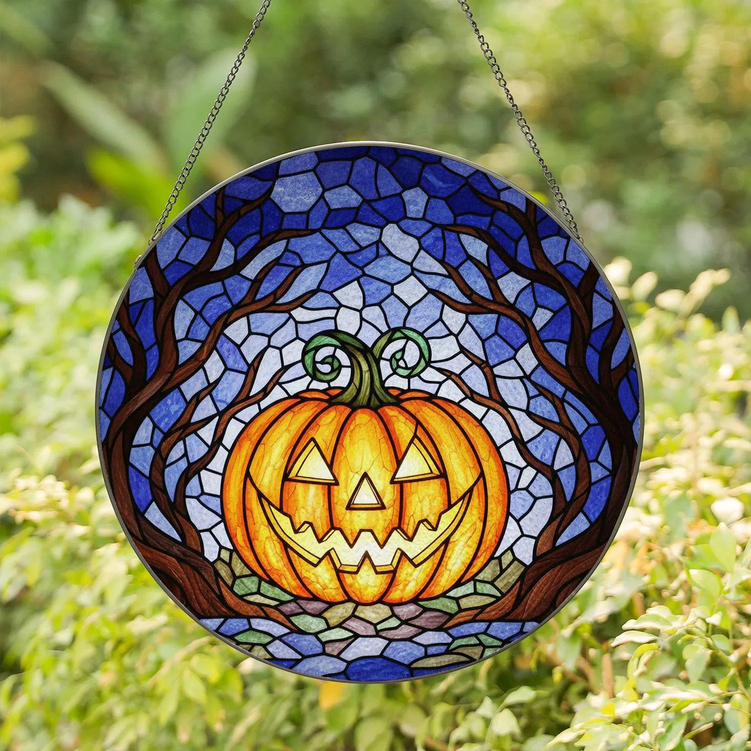 Jack-o'-Lantern Pumpkin Tiffany Stained Glass Night Sky Branches - Halloween Autumn Decor Stained Glass Suncatcher - 1