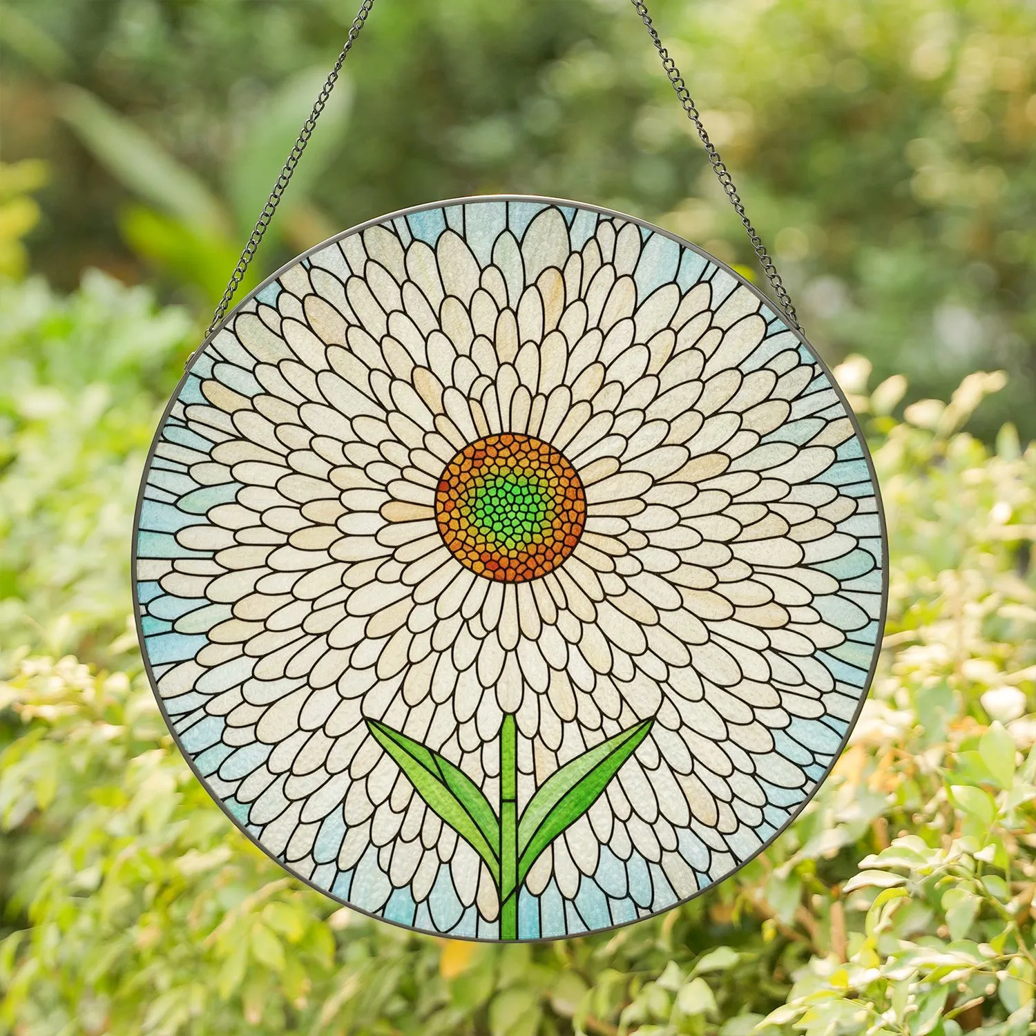 Detailed Stained Glass Daisy Chrysanthemum Flower Mosaic Art - Tiffany Style Jewel Tones Stained Glass Suncatcher - 1