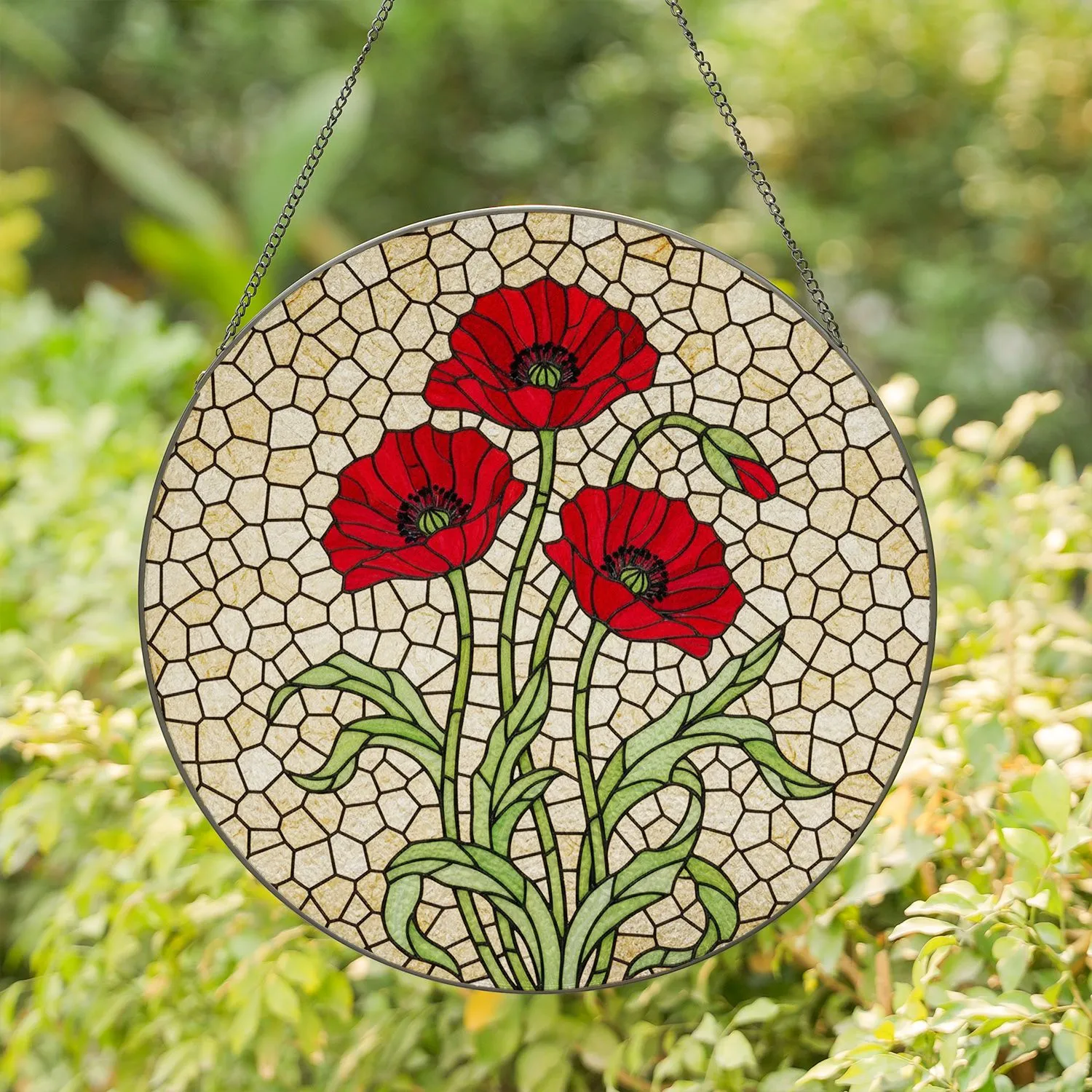 Red Poppy Flowers Stained Glass Mosaic Art - Tiffany Style Glowing Jewel Tone Floral Stained Glass Suncatcher - 1