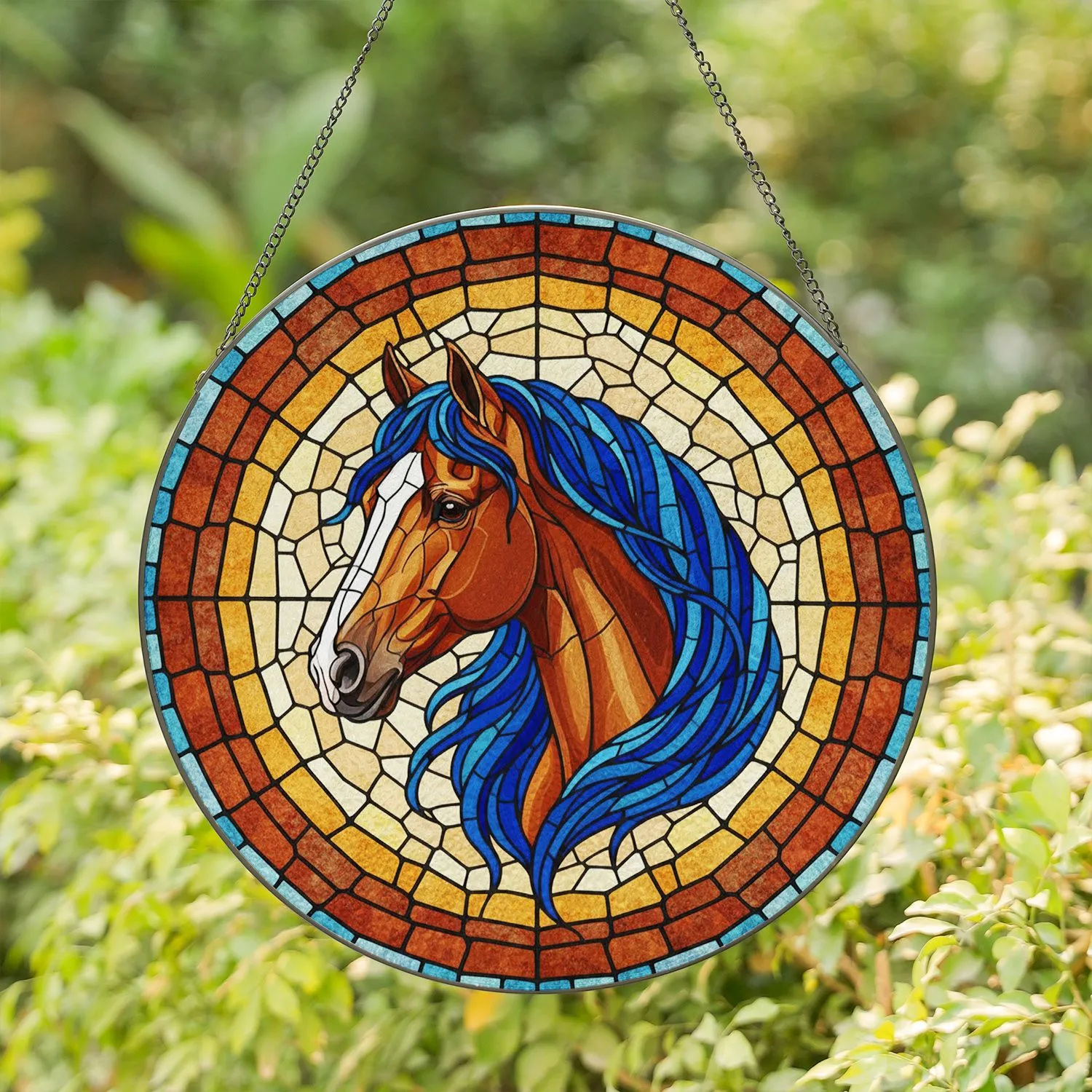 Stained Glass Chestnut Horse Head Tiffany Style - Blue Mane Jewel Tone Mosaic Pattern Art Stained Glass Suncatcher - 1
