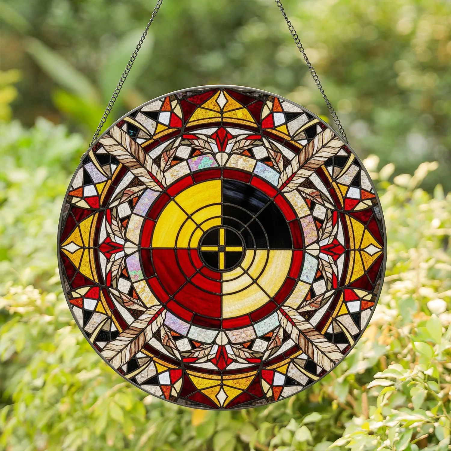 Native American Medicine Wheel Stained Glass Feathers Jewel Tone Intricate Cultural Design Stained Glass Suncatcher - 1