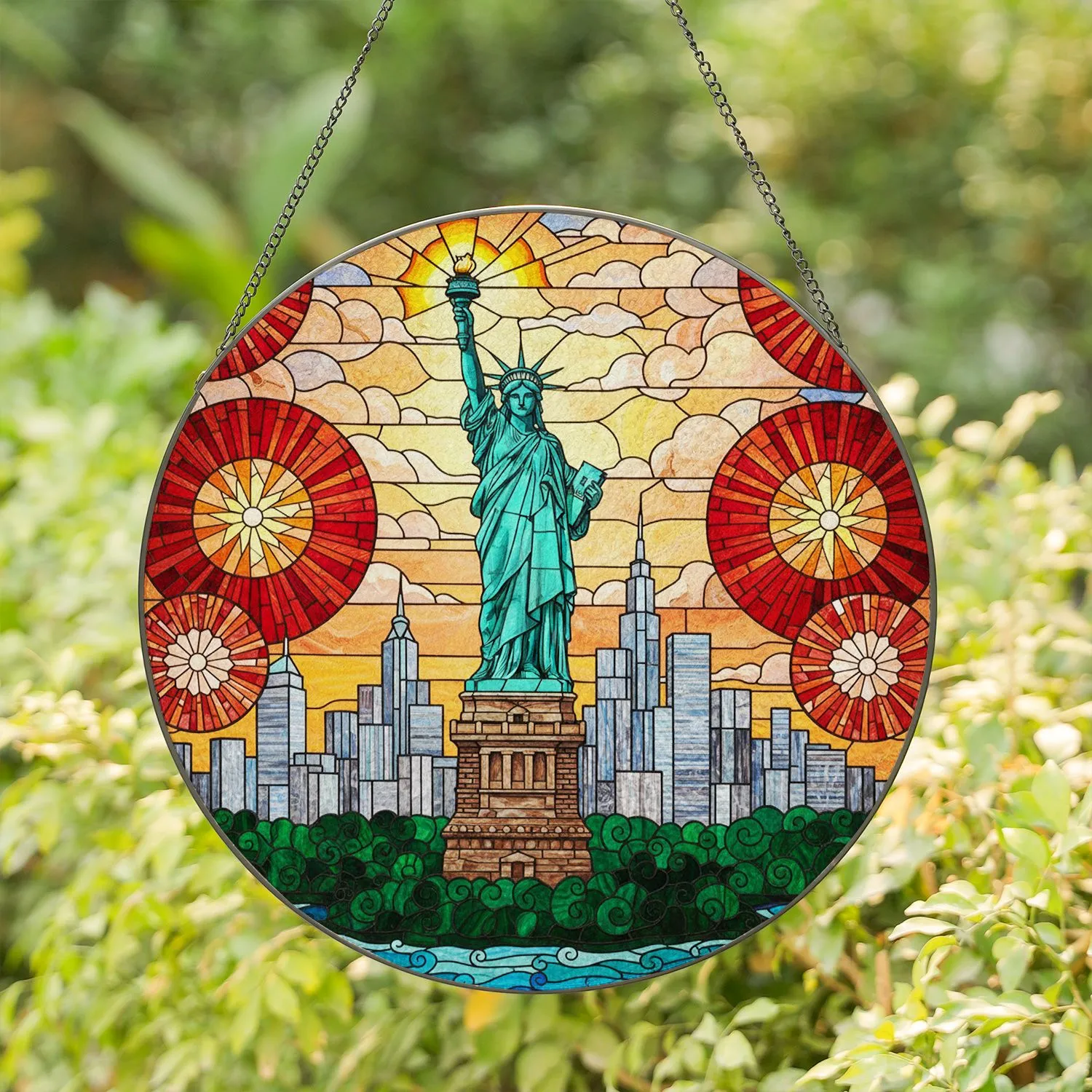 Tiffany Style Statue of Liberty Fireworks Cityscape - American Pride Art Decor Stained Glass Suncatcher - 1