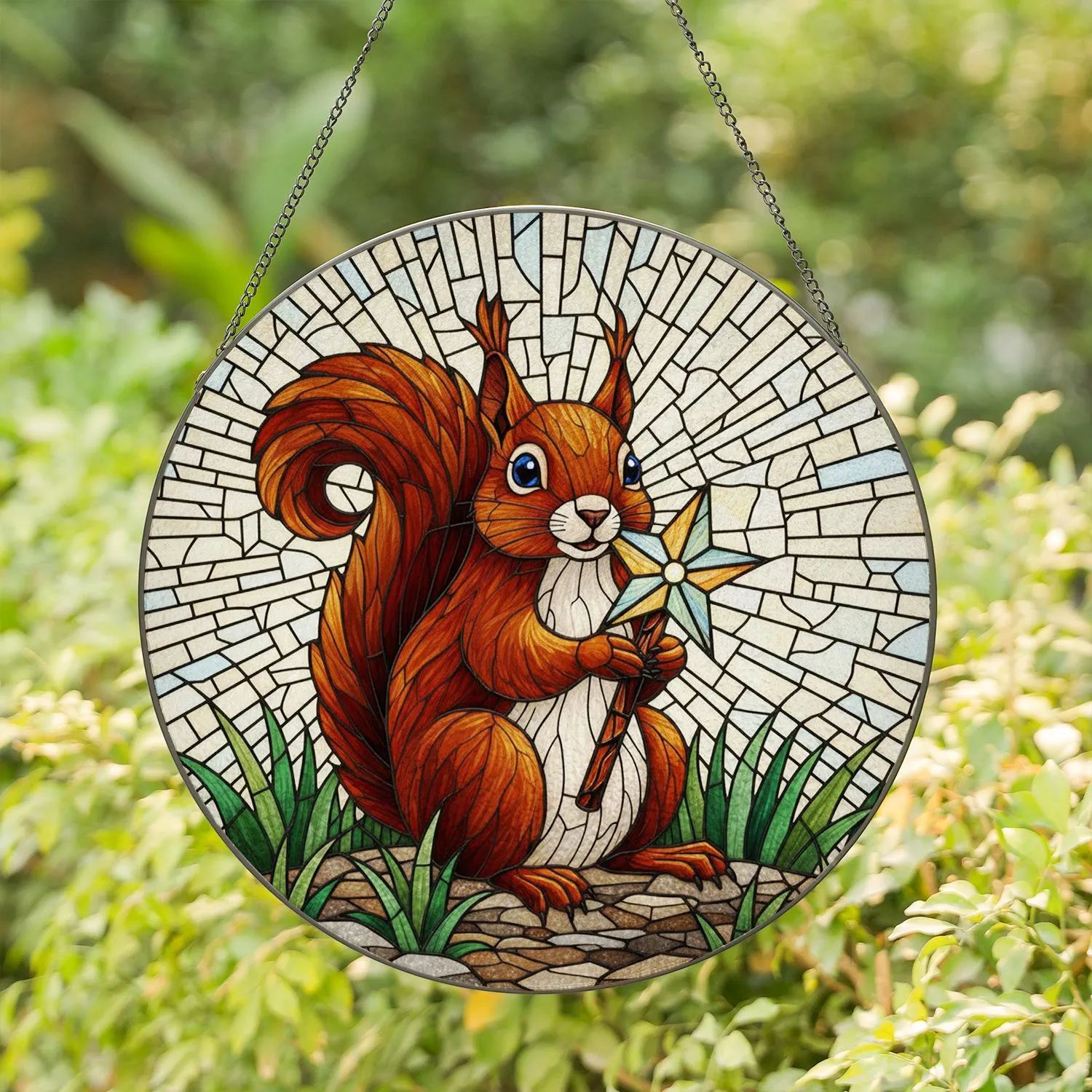 Tiffany Style Stained Glass Squirrel Holding Star - Nature Wildlife Present Home Decor Stained Glass Suncatcher - 1