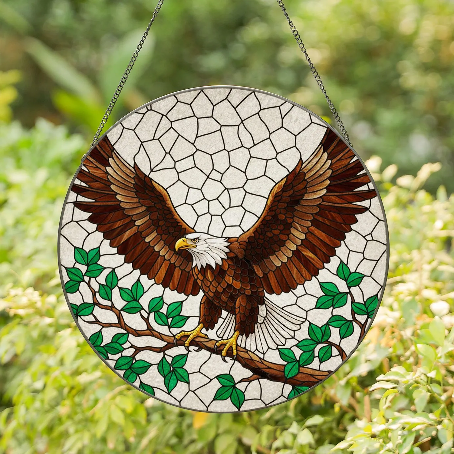 Bald Eagle Spread Wings Stained Glass Art - Tiffany Style Jewel Tone Mosaic Tree Decor Stained Glass Suncatcher - 1