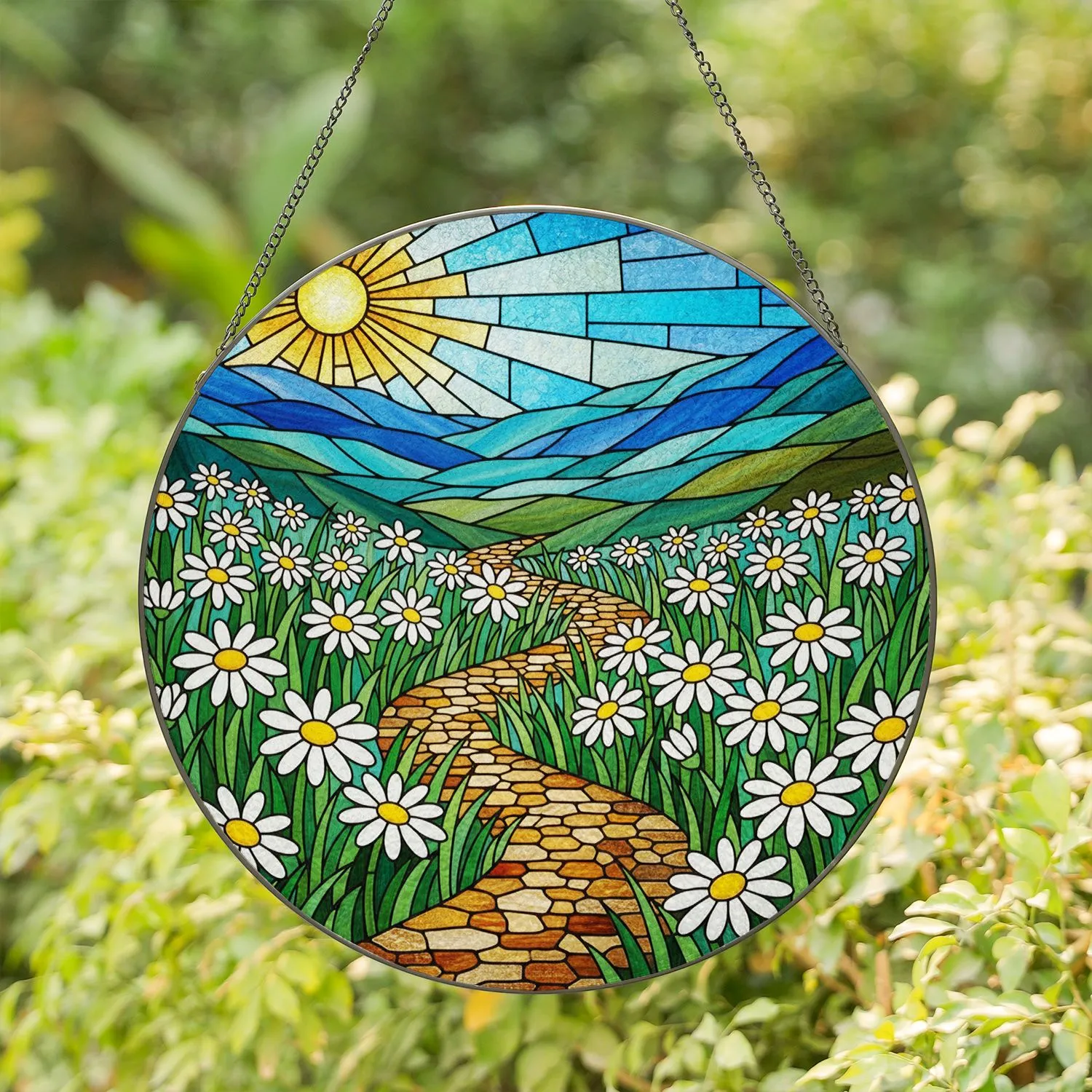 Winding Path Daisy Field Radiant Sun Stained Glass Tiffany Mosaic Art Scenic Hills Stained Glass Suncatcher - 1