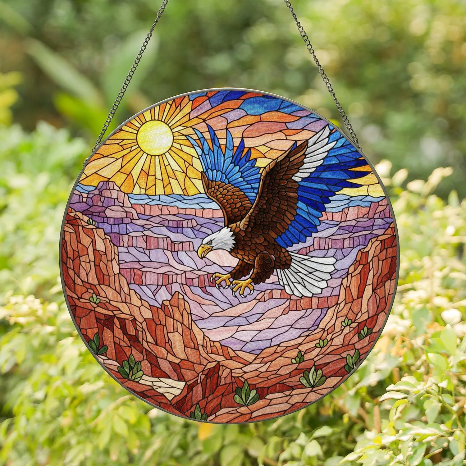 Bald Eagle Soaring Canyon Stained Glass Art - Radiant Sun Red-Brown Purple Pink Rocks Stained Glass Suncatcher - 1