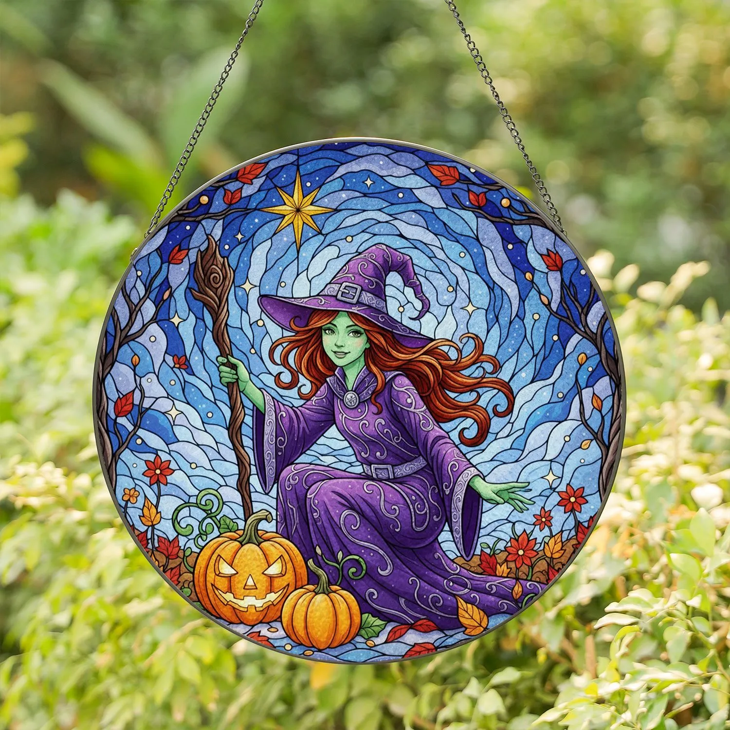Green Witch Jack-O-Lantern Pumpkins Autumn Leaves - Starry Night Fall Fantasy Art Stained Glass Suncatcher - 1