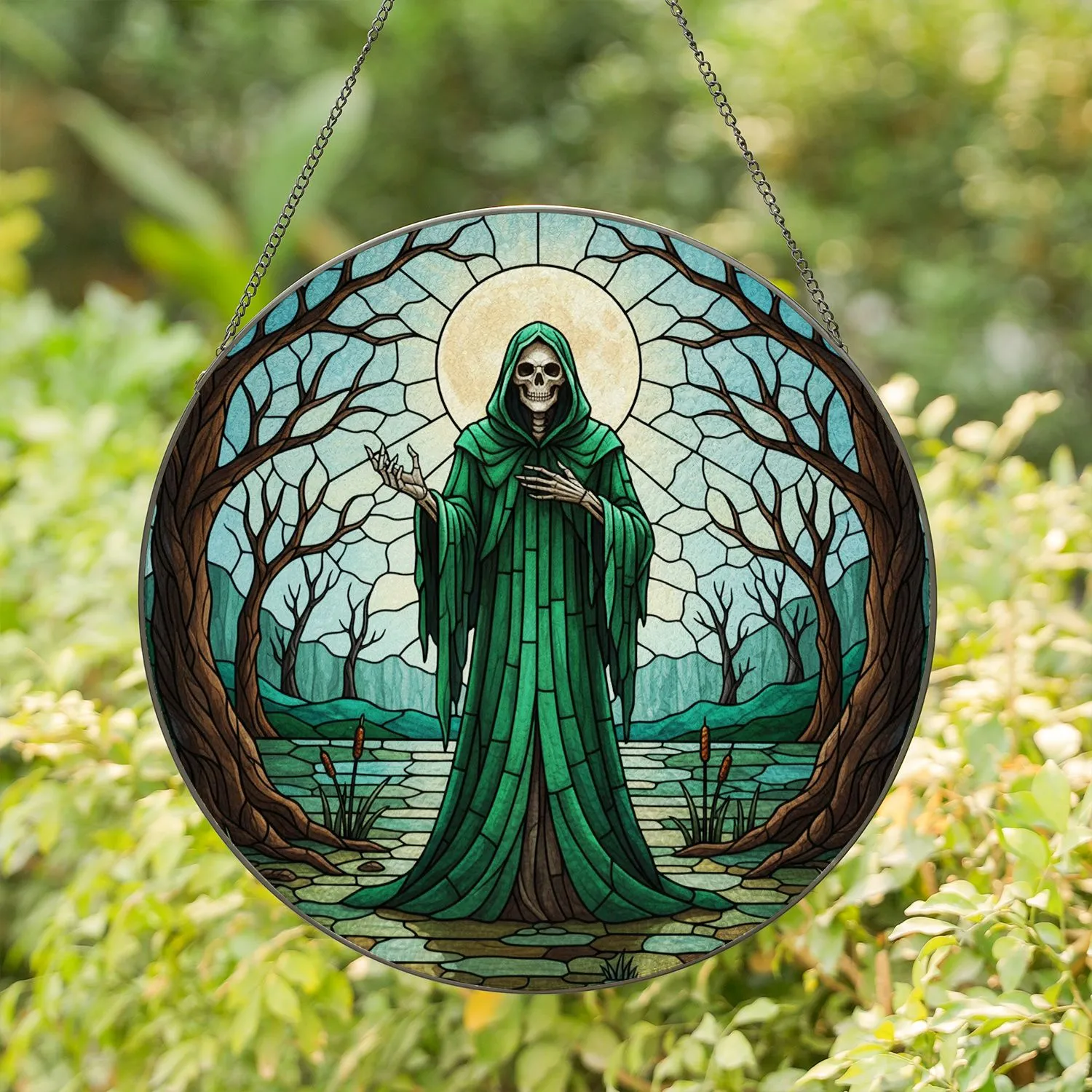 Cloaked Grim Reaper Skull Face Emerald Robe Moonlit Swamp Trees - Dark Fantasy Decor Gift Stained Glass Suncatcher - 1
