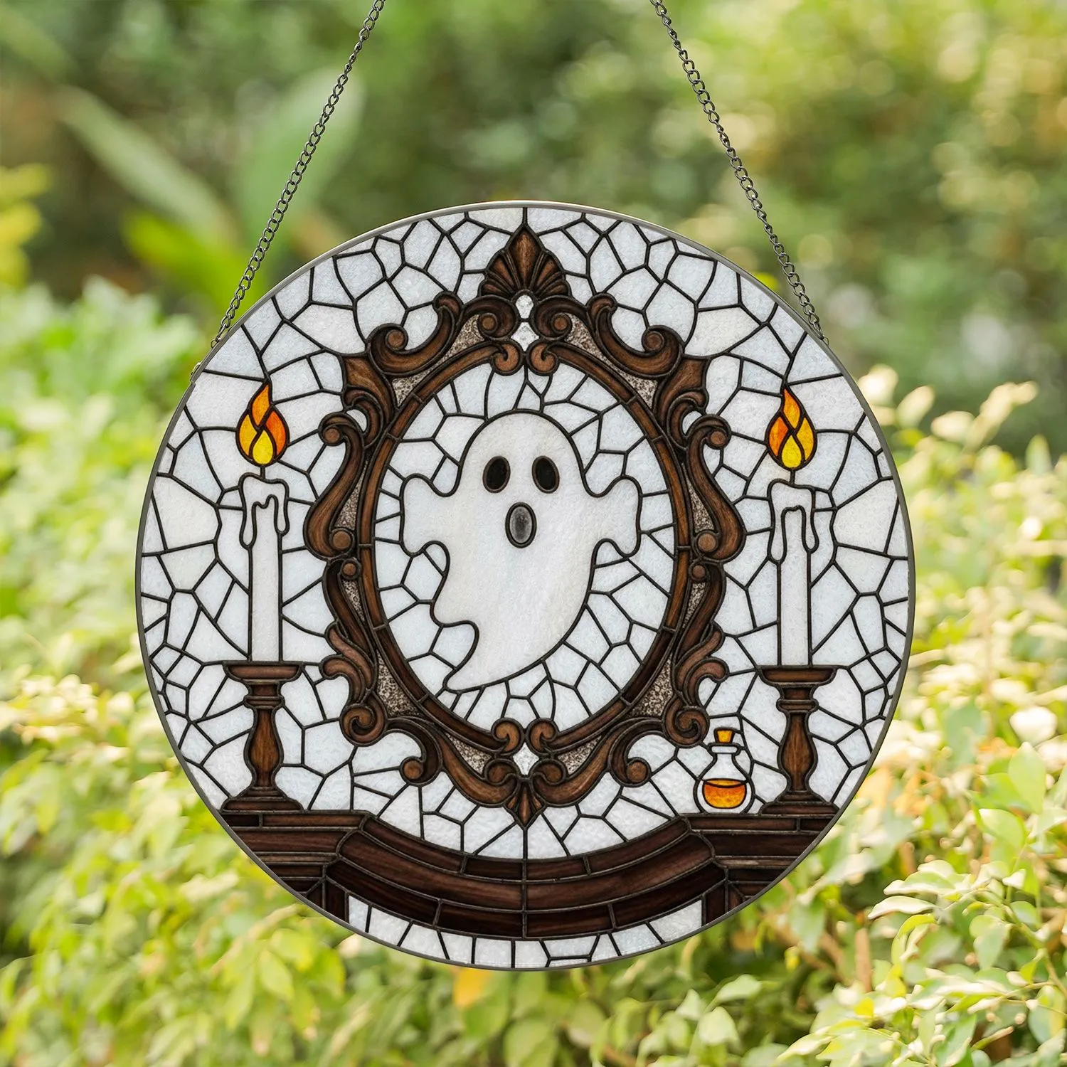 White Ghost Gothic Mirror Tiffany Stained Glass Mosaic Art with Candles Potion Bottle Stained Glass Suncatcher - 1