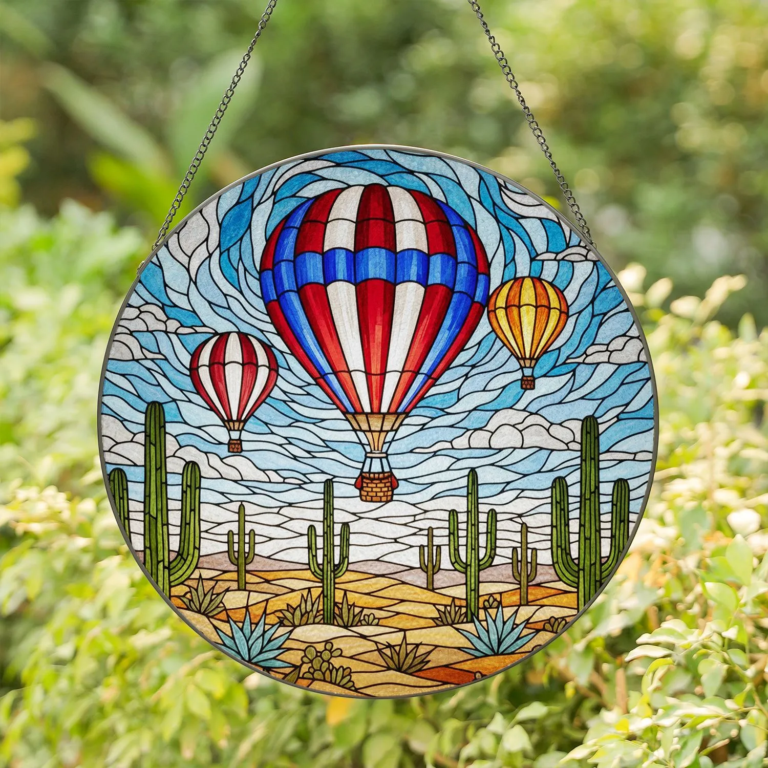 Stained Glass Hot Air Balloon Desert Landscape Saguaro Cacti - Jewel Tone Art Decor Stained Glass Suncatcher - 1