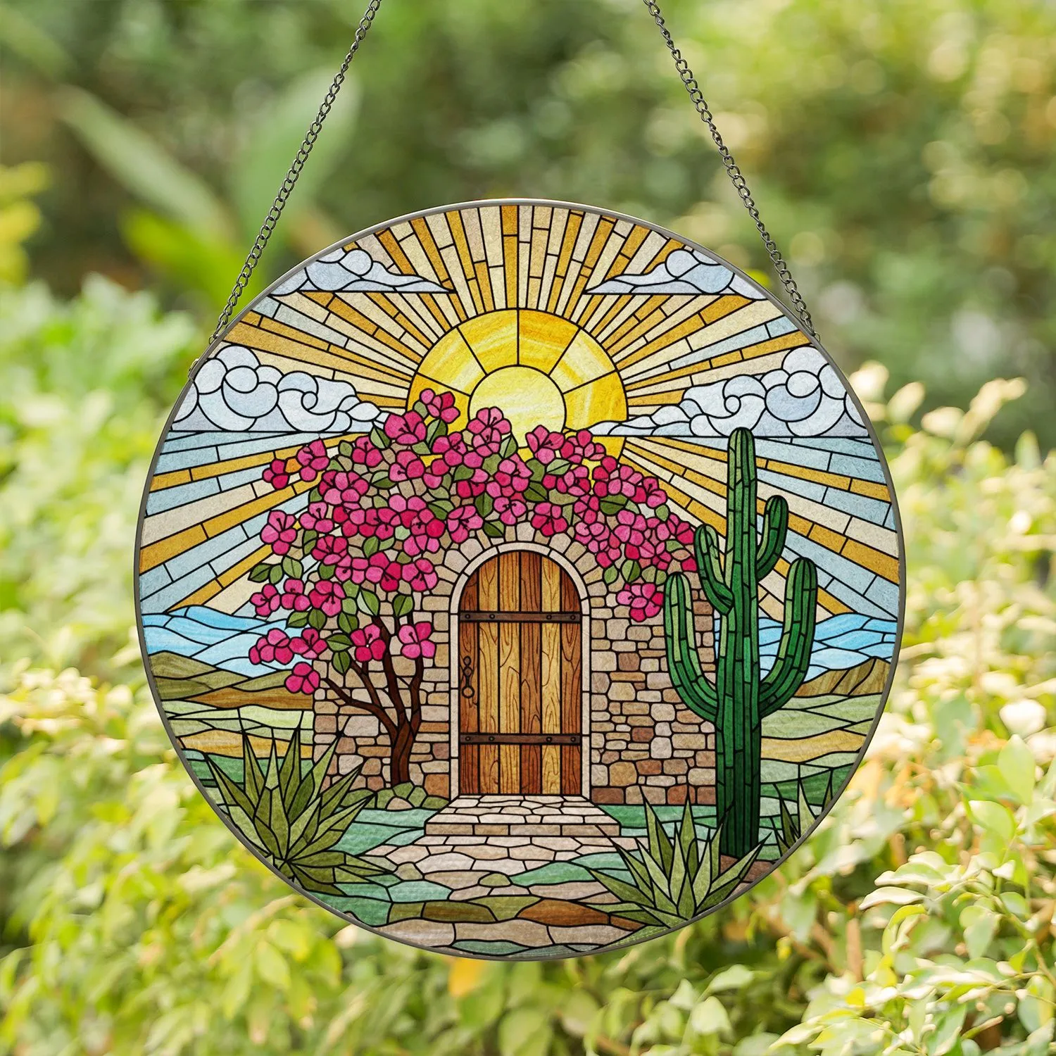 Rustic Wooden Door Bougainvillea Saguaro Cactus Desert Stained Glass Tiffany Art Decor Stained Glass Suncatcher - 1