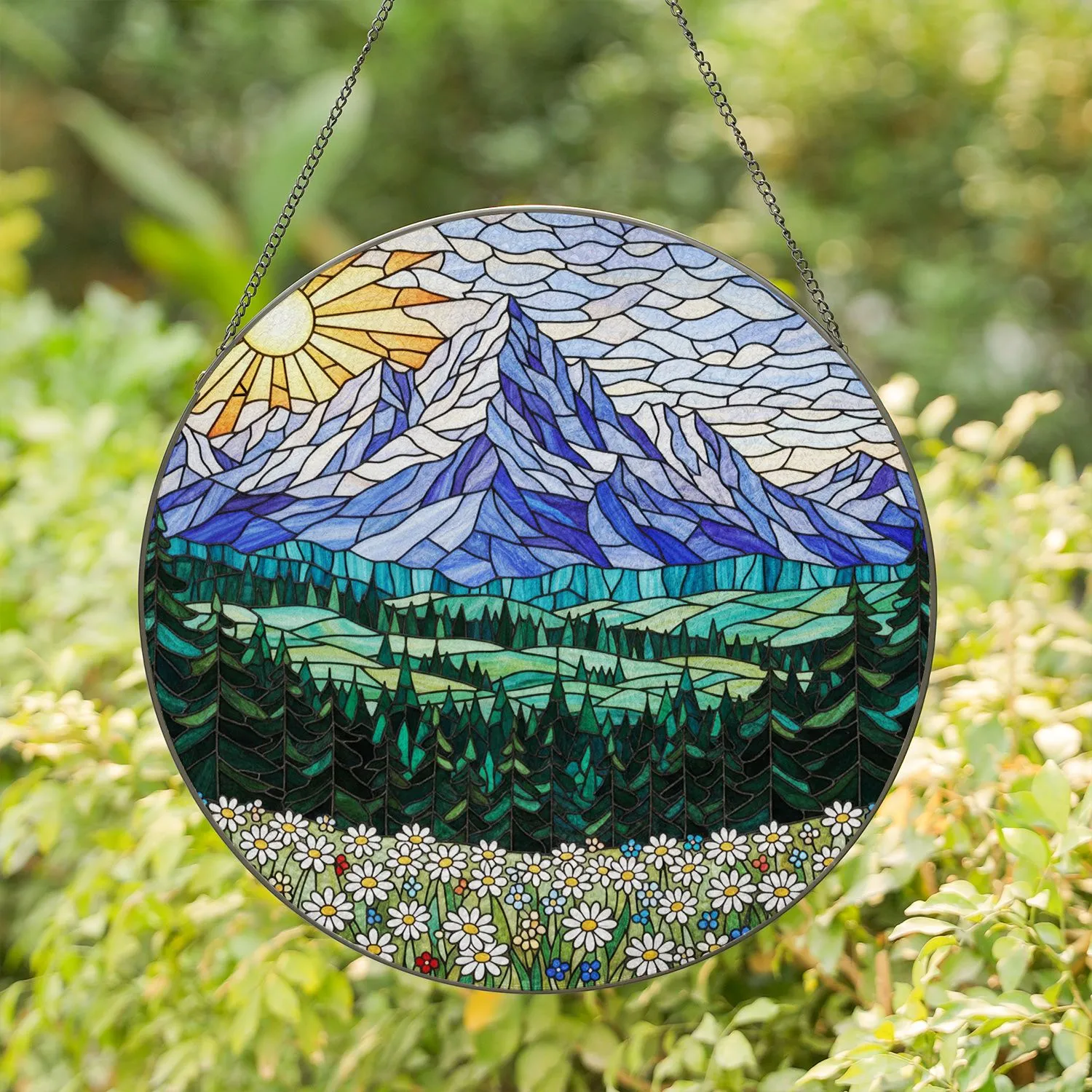 Majestic Mountain Landscape Tiffany Stained Glass Forest Daisy Field Sun Art Stained Glass Suncatcher - 1