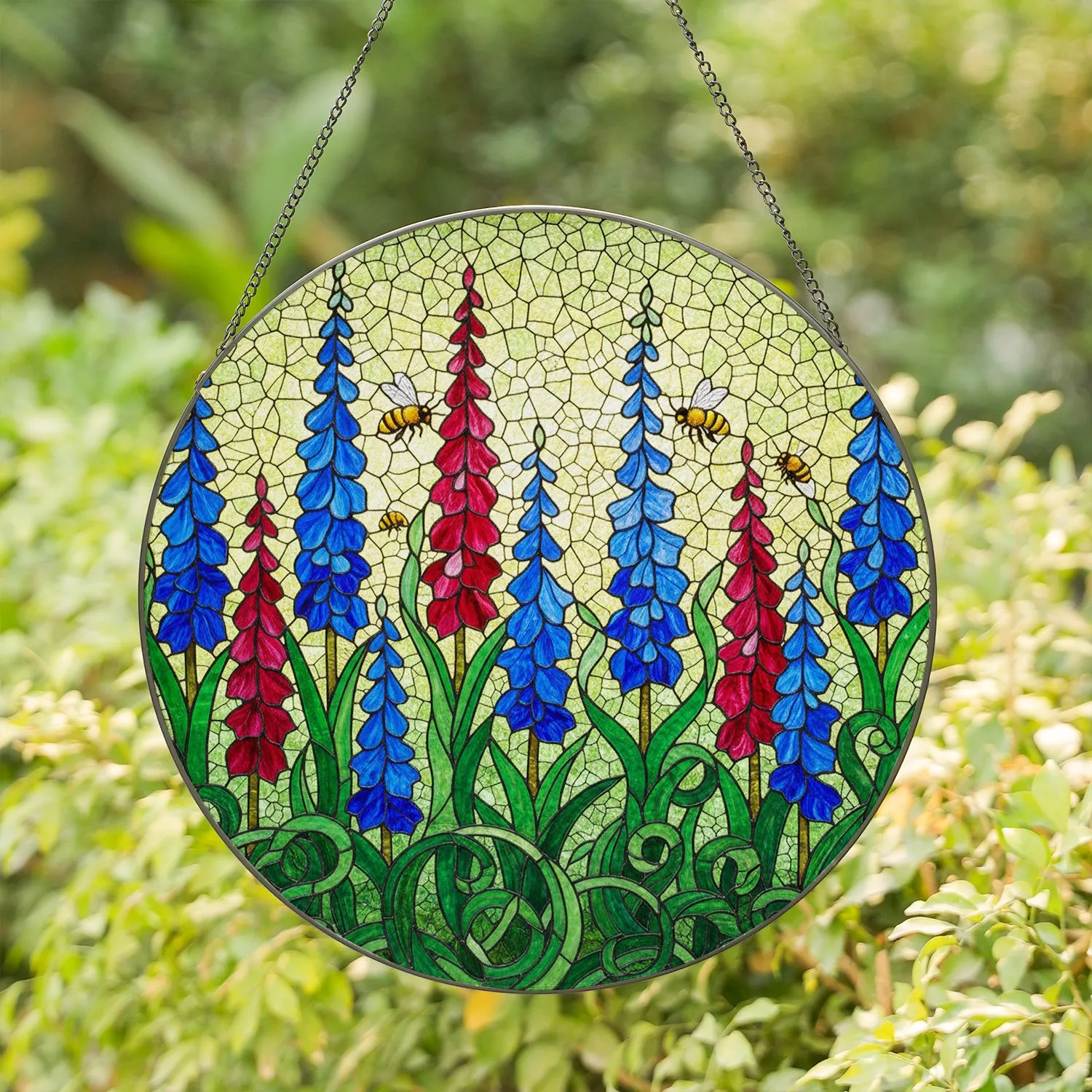 Tiffany Style Stained Glass Meadow Flower Spires Honeybees Crackled Ethereal Sky Jewel Tone Art Stained Glass Suncatcher - 1