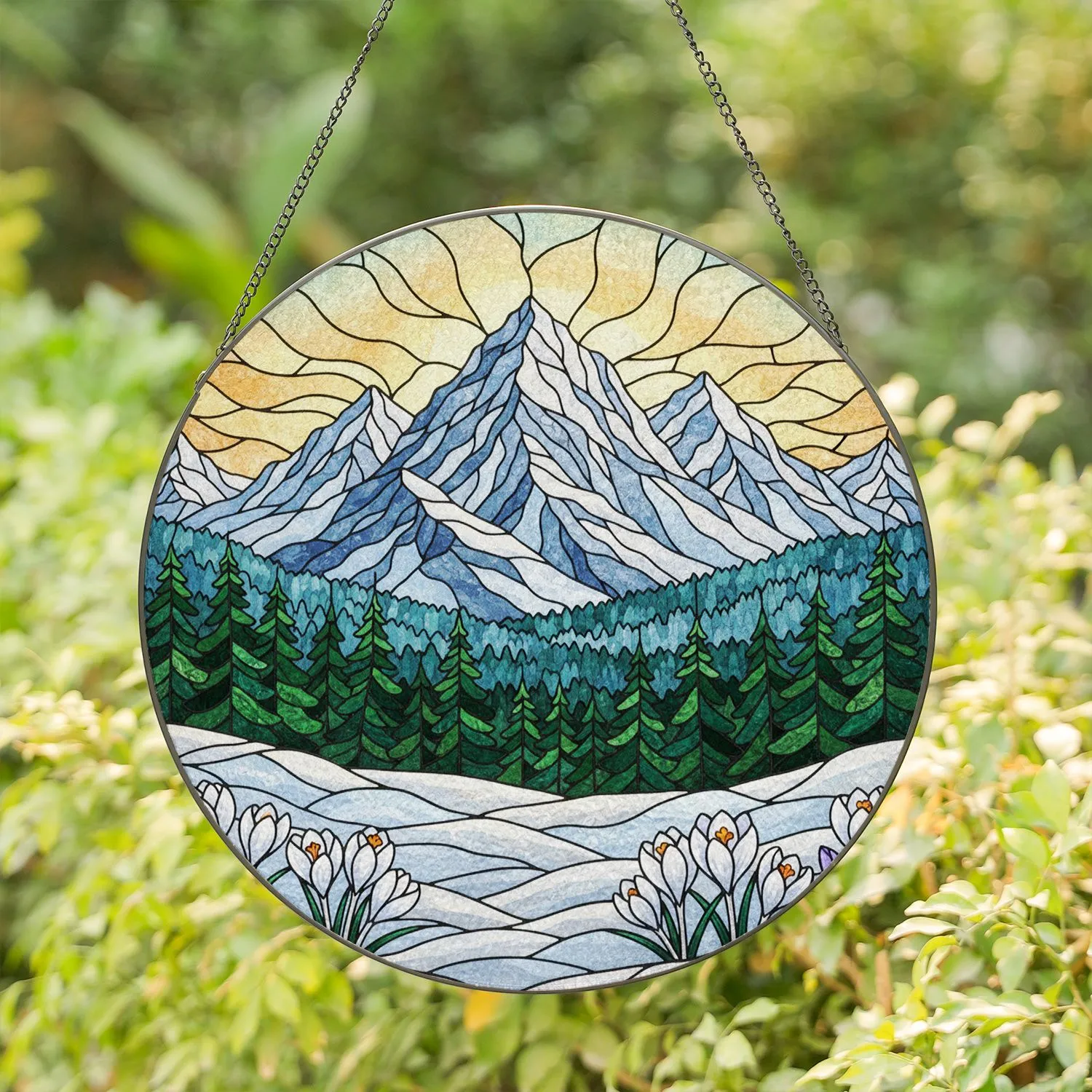Snow-Capped Mountain Pine Forest Crocus Tiffany Style - Nature Landscape Home Decor Stained Glass Suncatcher - 1
