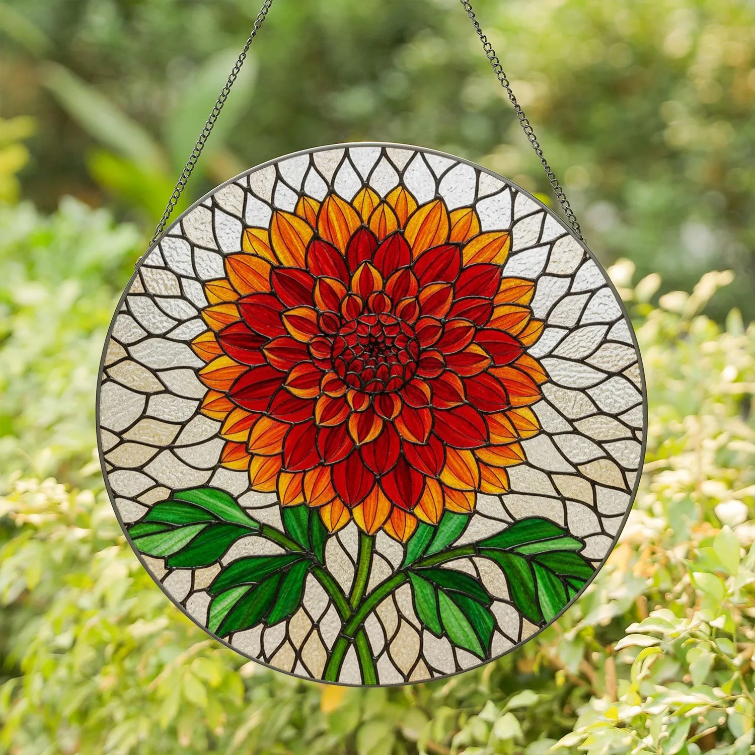 Dahlia Flower Stained Glass Tiffany Style Mosaic - Fiery Orange Red Green Jewel Tones Stained Glass Suncatcher - 1