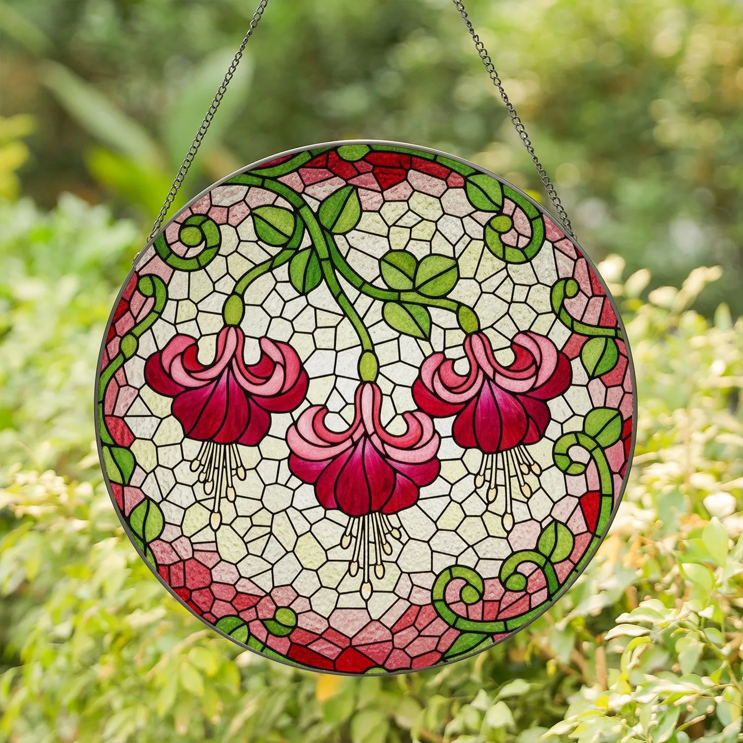 Fuchsia Bell Flowers Tiffany Style Stained Glass Art Mosaic - Intricate Jewel Tone Home Stained Glass Suncatcher - 1