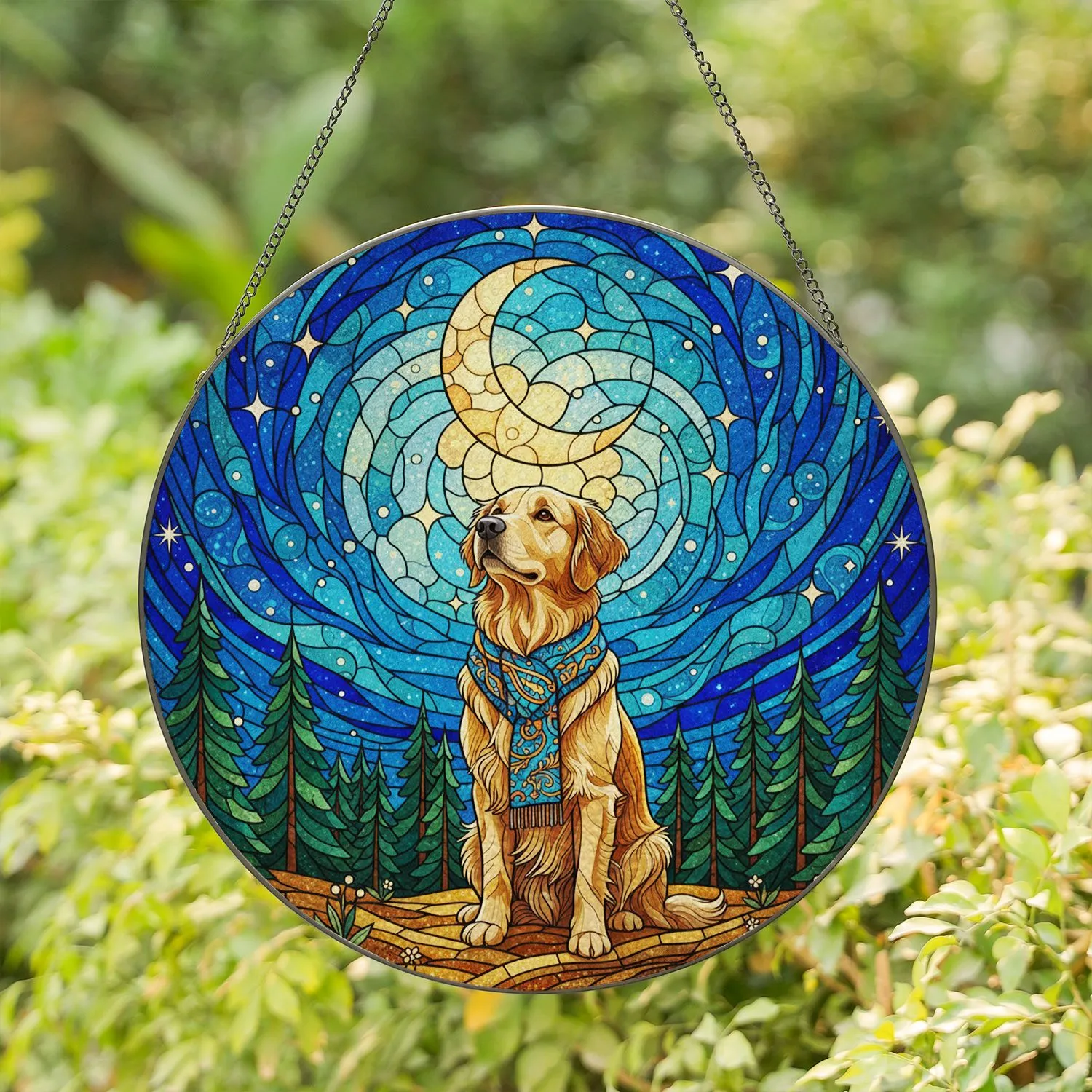 Golden Retriever Stained Glass Tiffany Moon Stars Night Sky Pine Forest Jewel Tones Stained Glass Suncatcher - 1