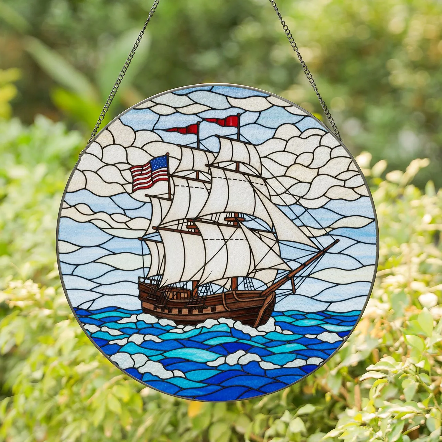Tiffany Stained Glass American Flag Galleon Ship Sailing Ocean Waves Seascape Stained Glass Suncatcher - 1