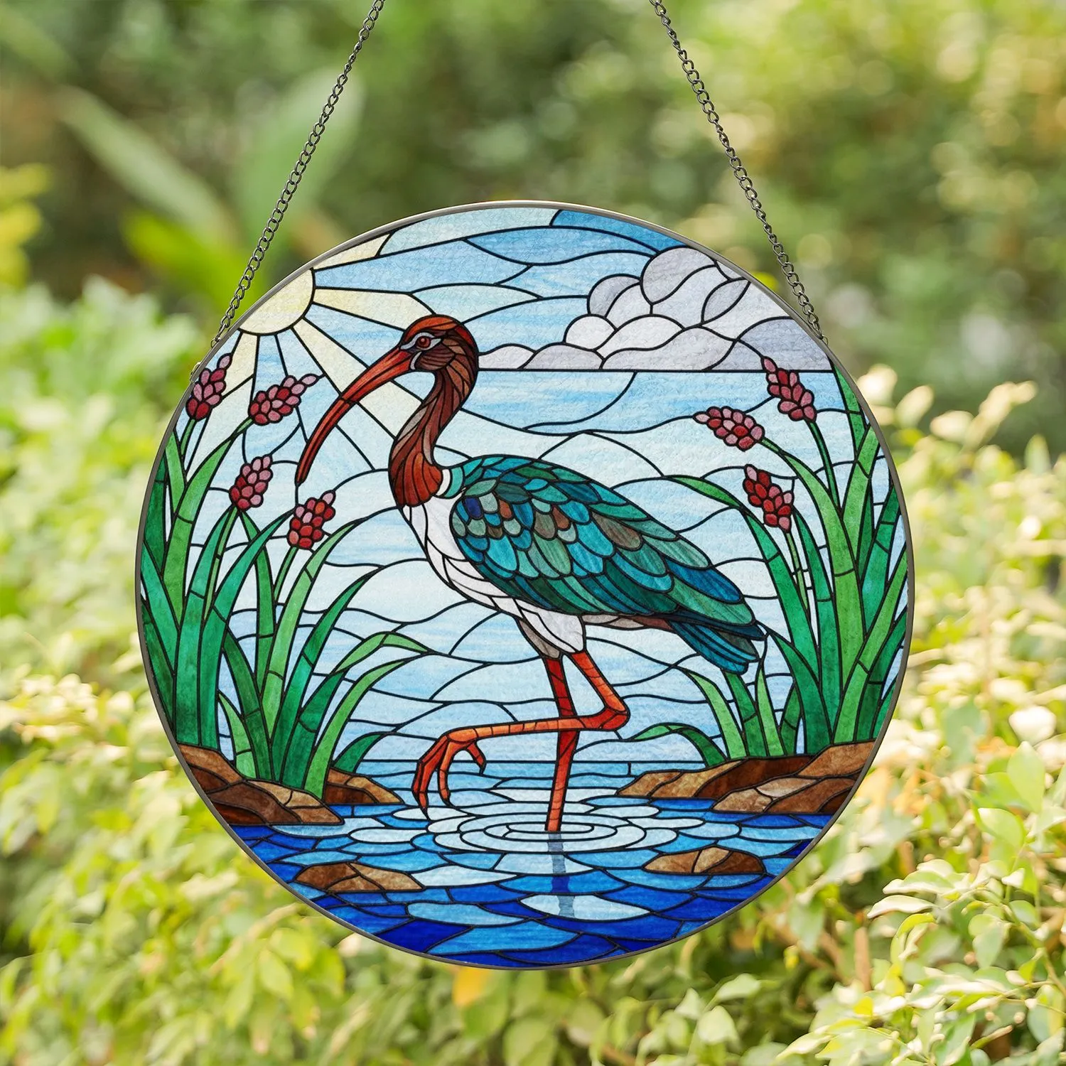 Ibis Bird Stained Glass Tiffany Style Art - Marsh Grass Rippling Water Sky Sun Scene Stained Glass Suncatcher - 1