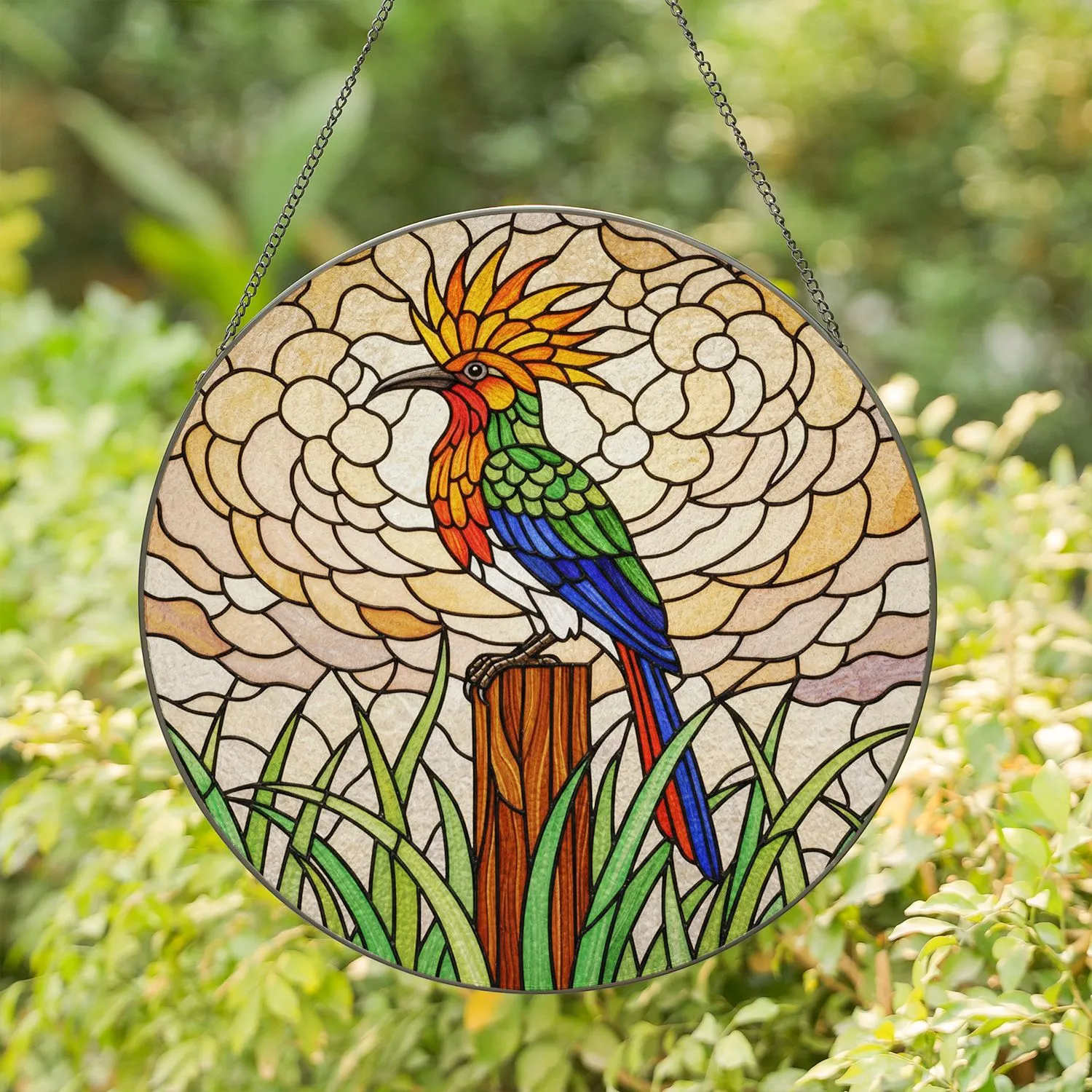 Exotic Stained Glass Bird on Wooden Post with Grass - Tiffany Home Decor Gift Stained Glass Suncatcher - 1