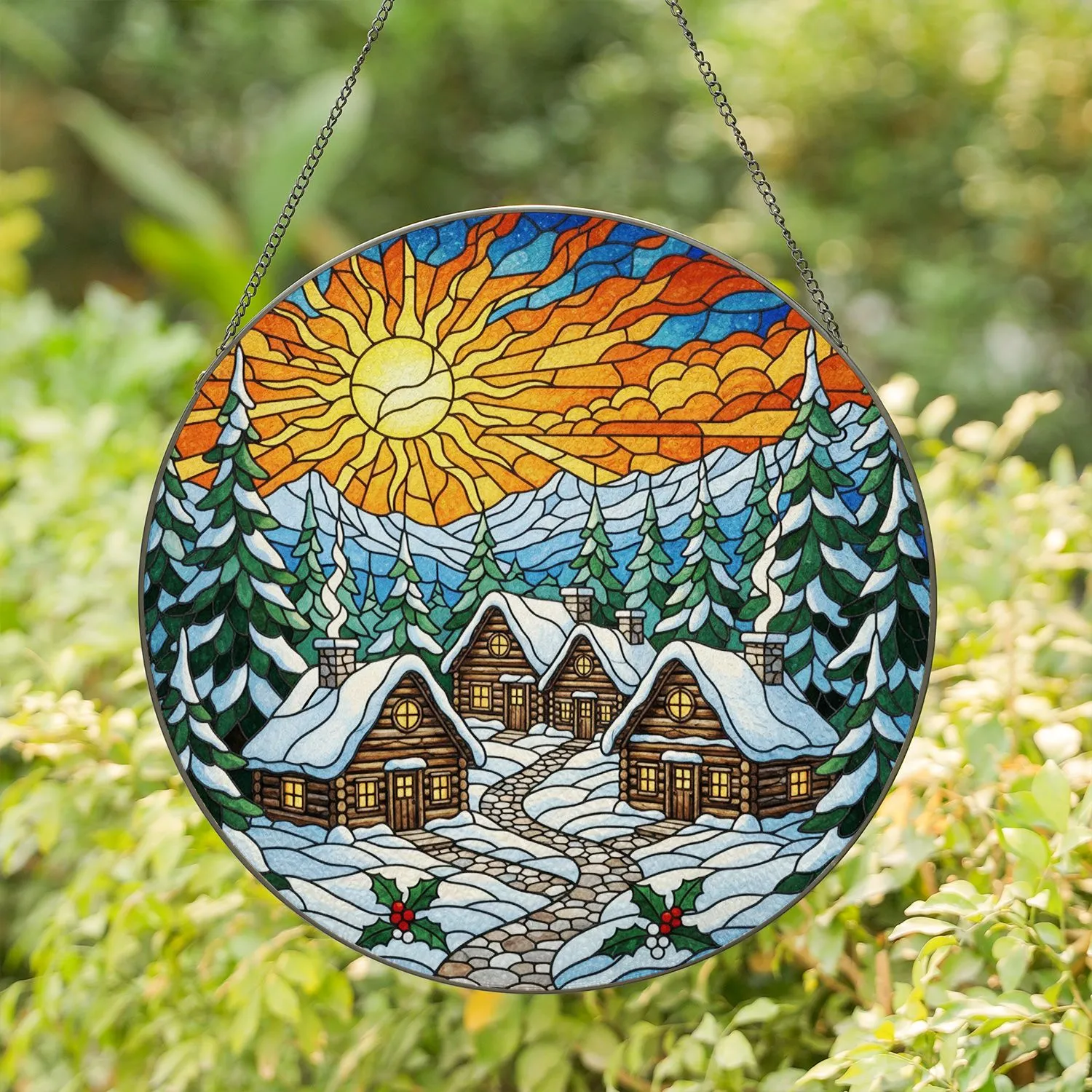 Rustic Cabins Snow Pine Trees Sun Mountains Winter Landscape Tiffany Glass Art Stained Glass Suncatcher - 1