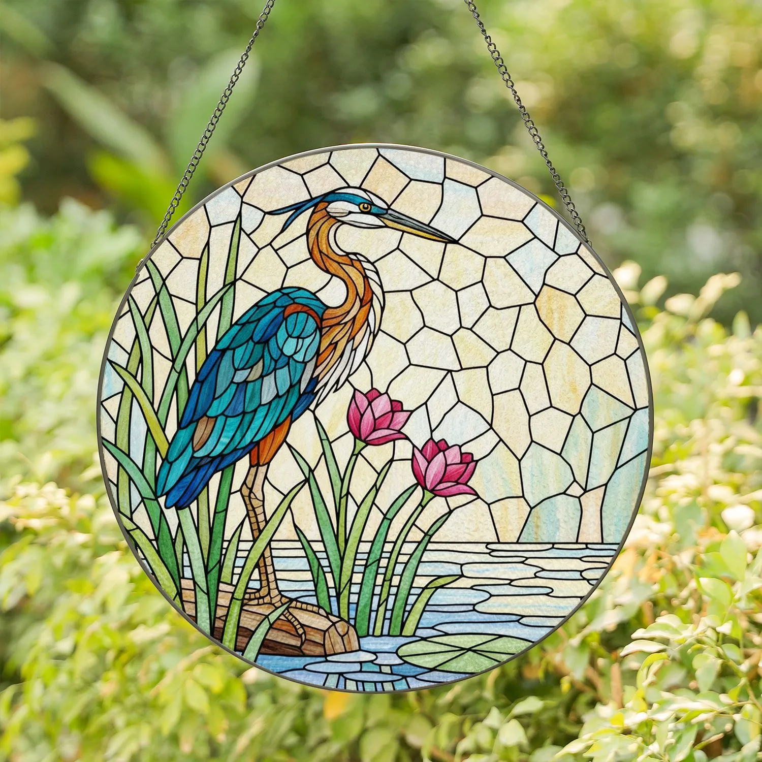 Majestic Heron Stained Glass Tiffany Style Art - Water Reeds Lily Pad Nature Decor Gift Stained Glass Suncatcher - 1