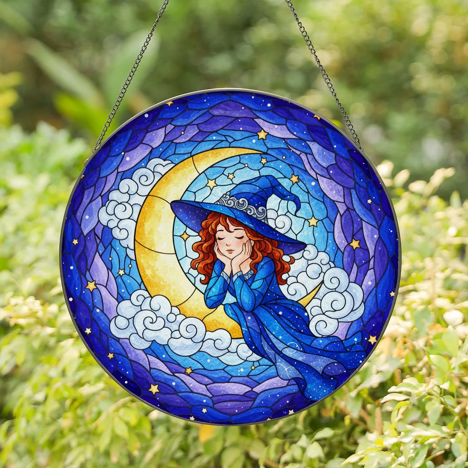 Young Witch Sleeping Golden Crescent Moon Swirling Clouds - Celestial Night Sky Gift Stained Glass Suncatcher - 1
