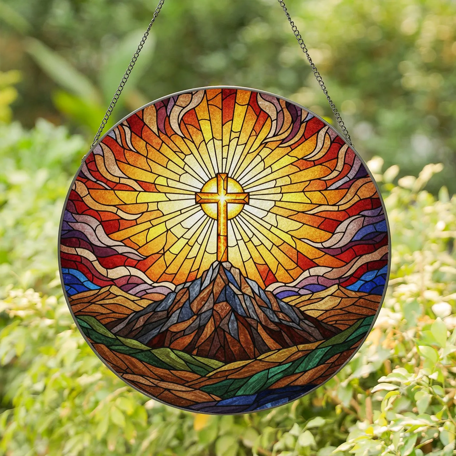 Golden Cross Rocky Peak Stained Glass Sunburst Sky Translucent Jewel Tones Intricate Pattern Stained Glass Suncatcher - 1