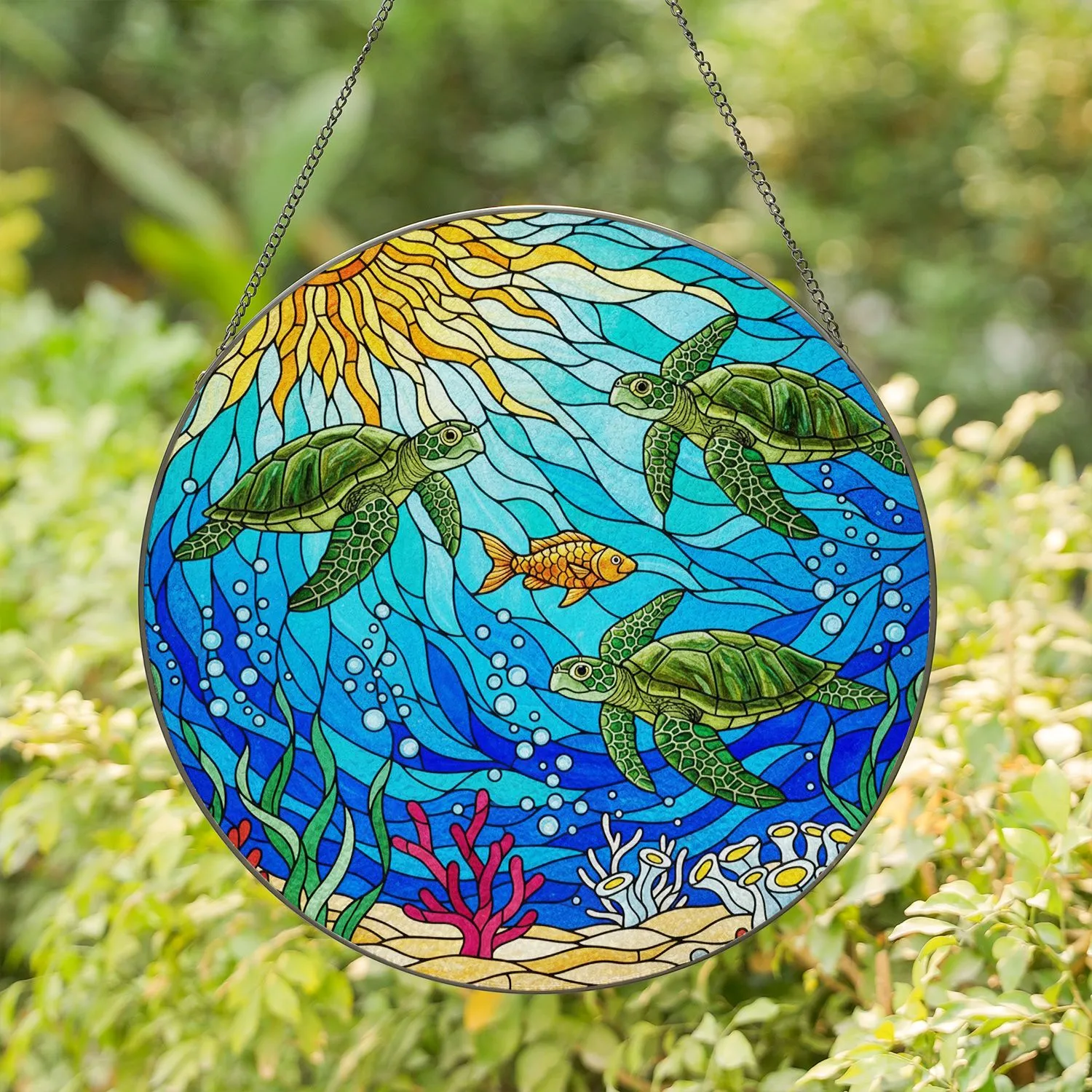 Green Sea Turtles Golden Fish Ocean Coral Reef Sun Stained Glass Tiffany Underwater Stained Glass Suncatcher - 1