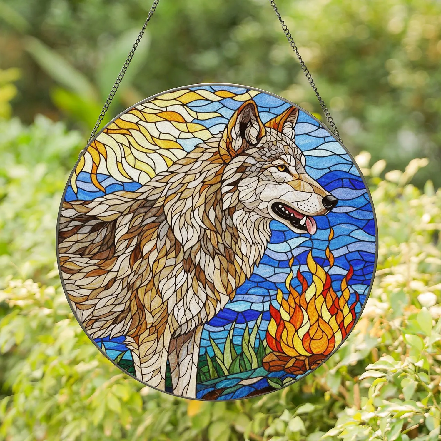 Majestic Wolf Fire Sun Stained Glass Mosaic Art - Intricate Wildlife Nature Decor Stained Glass Suncatcher - 1