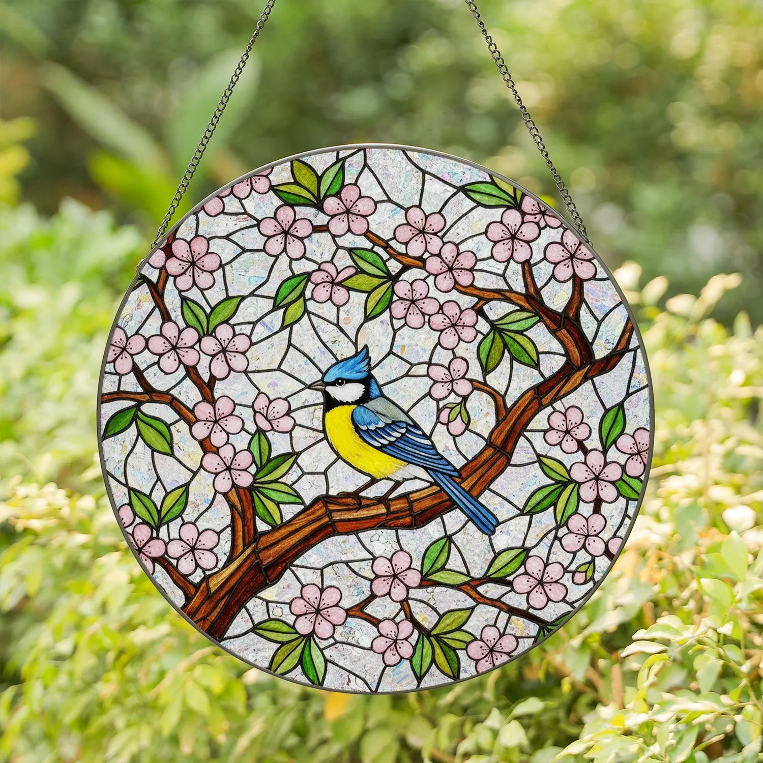 Vibrant Yellow Blue Bird Cherry Blossom Stained Glass Art - Tiffany Style Mosaic Jewel Tones Stained Glass Suncatcher - 1