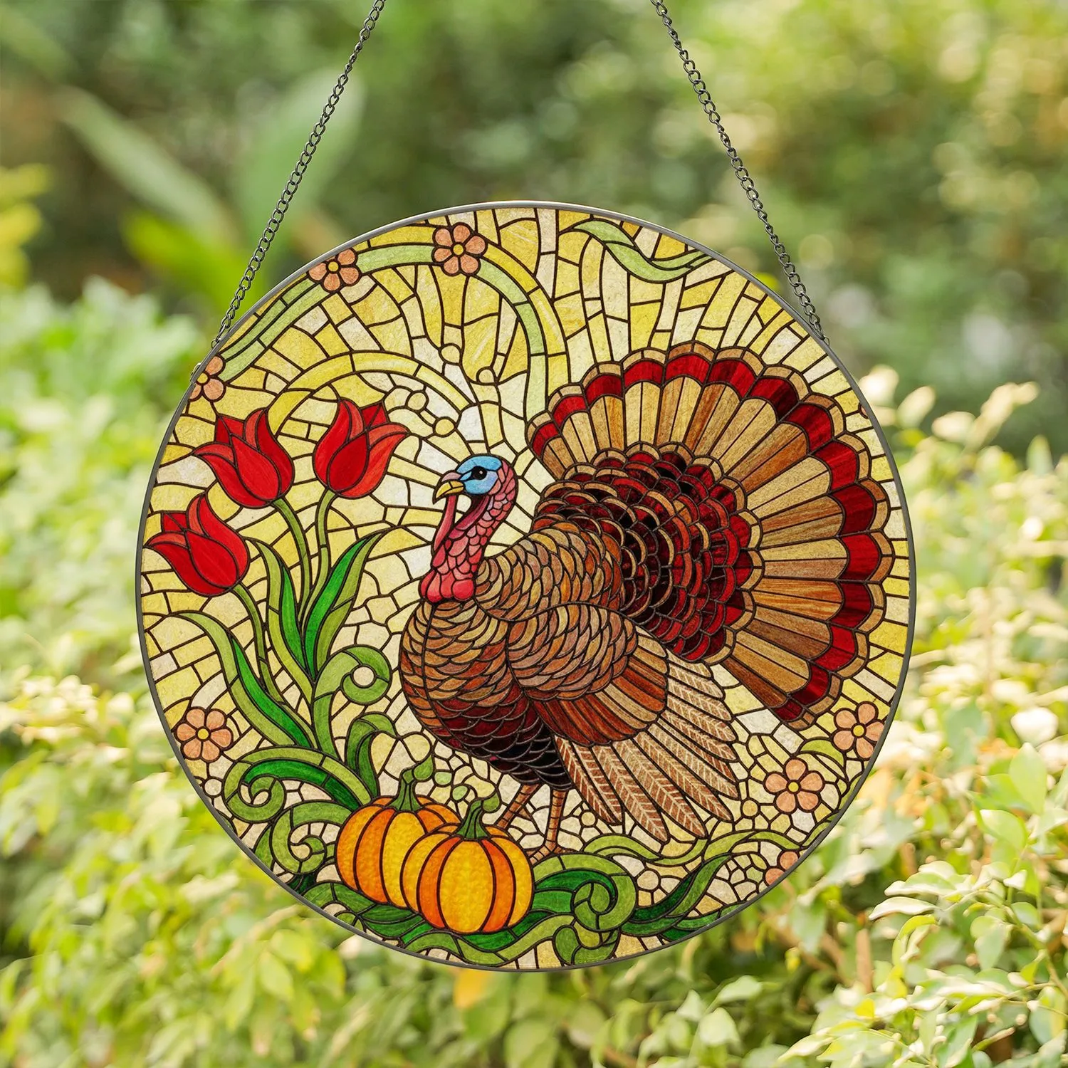 Majestic Turkey Stained Glass Art with Pumpkins & Autumn Flowers - Thanksgiving Decor Gift Stained Glass Suncatcher - 1