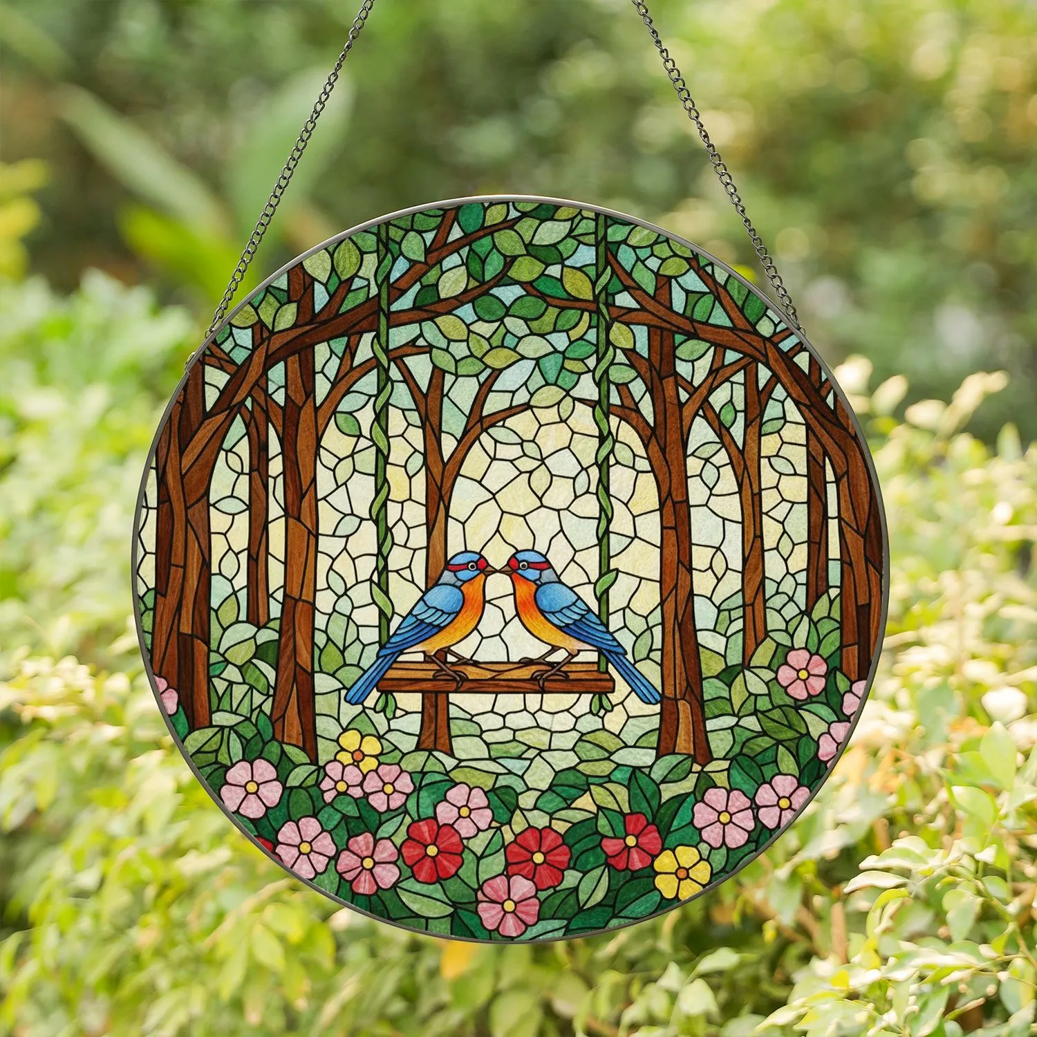 Birds on Swing Tiffany Stained Glass - Woodland Mosaic Blossoms & Vines Window Art Stained Glass Suncatcher - 1