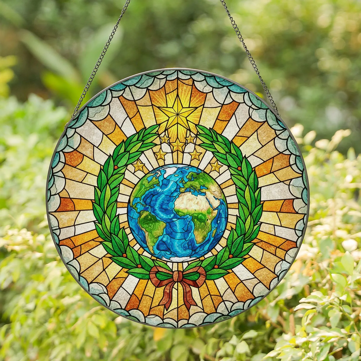 Tiffany Style Stained Glass Earth Globe Laurel Wreath Stars Detailed Jewel Tone Mosaic Stained Glass Suncatcher - 1