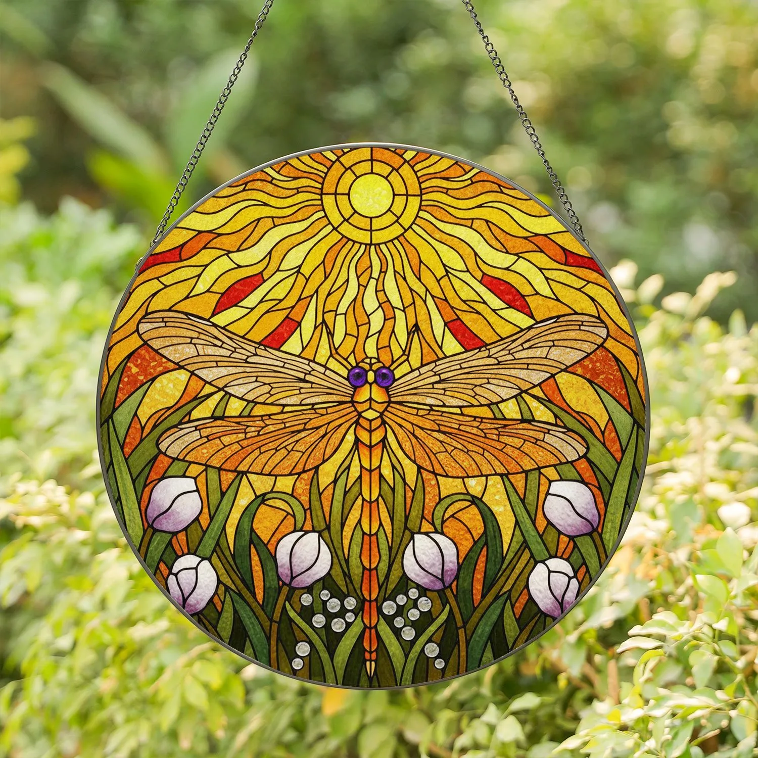 Detailed Dragonfly Stained Glass Mosaic with Sunbeams, Flowers & Foliage Window Decor Art Stained Glass Suncatcher - 1