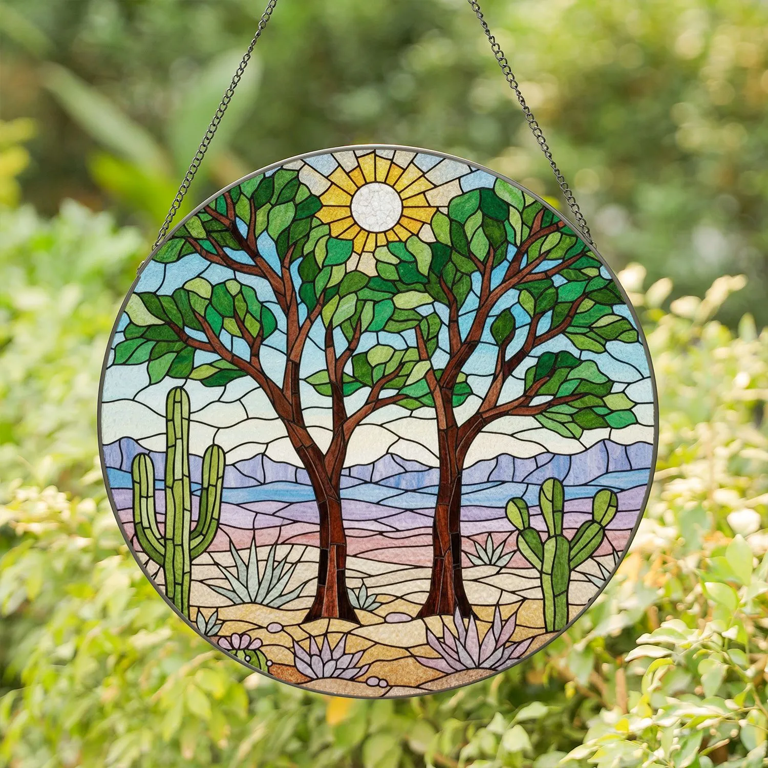 Desert Trees Saguaro Cactus Succulents Stained Glass Tiffany Desert Landscape Stained Glass Suncatcher - 1