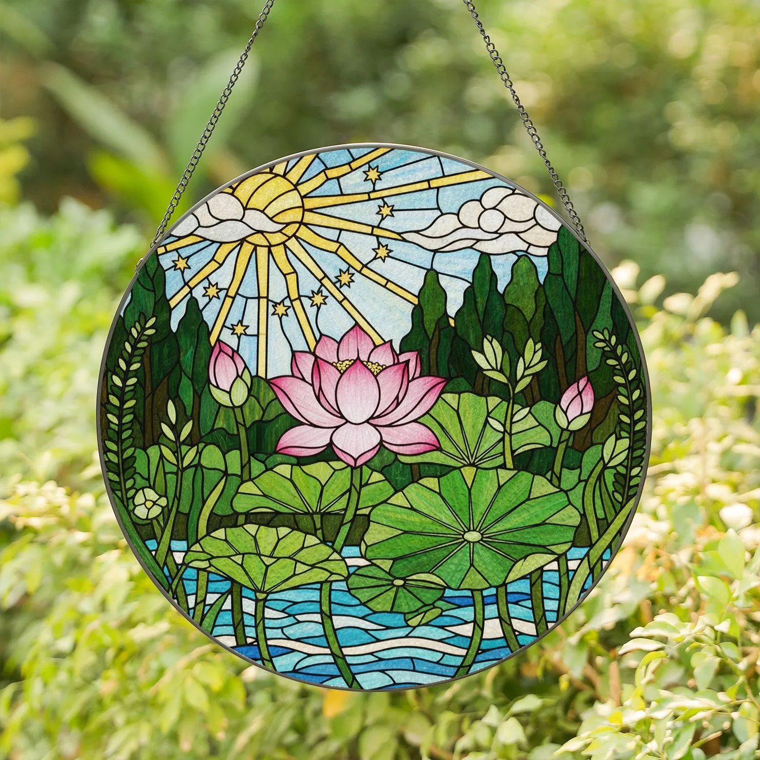 Pink Lotus Flower Tiffany Style Aquatic Forest Geometric Sun Home Decor Gift Stained Glass Suncatcher - 1