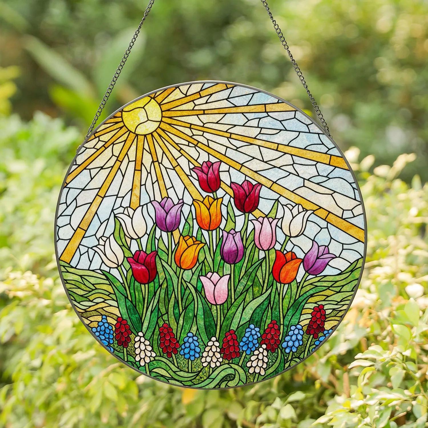 Colorful Intricate Tulips Spring Garden Tiffany-Style Stained Glass Mosaic Sun Landscape Stained Glass Suncatcher - 1