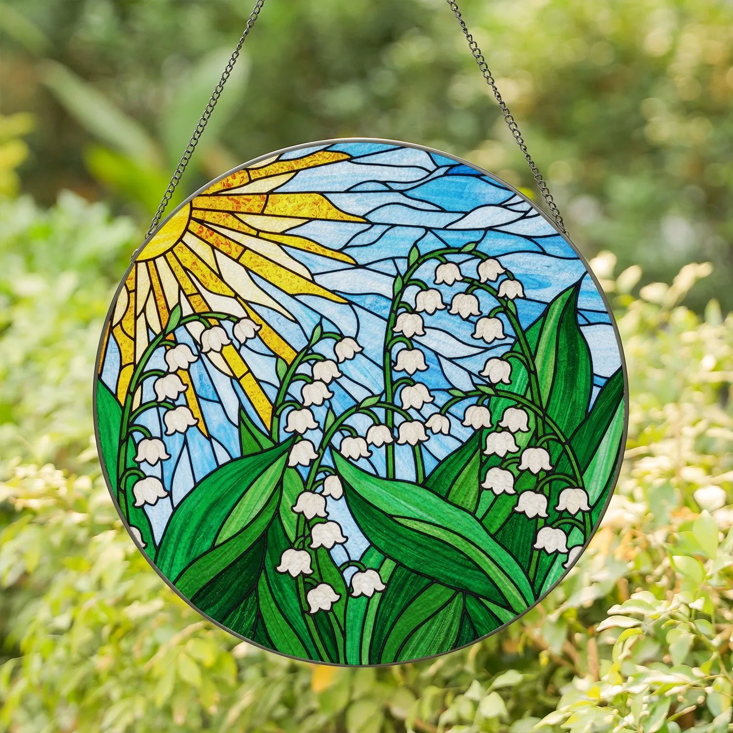 Lily of the Valley Stained Glass Radiant Sun Rays Tiffany Leaves Clouds Mosaic Stained Glass Suncatcher - 1