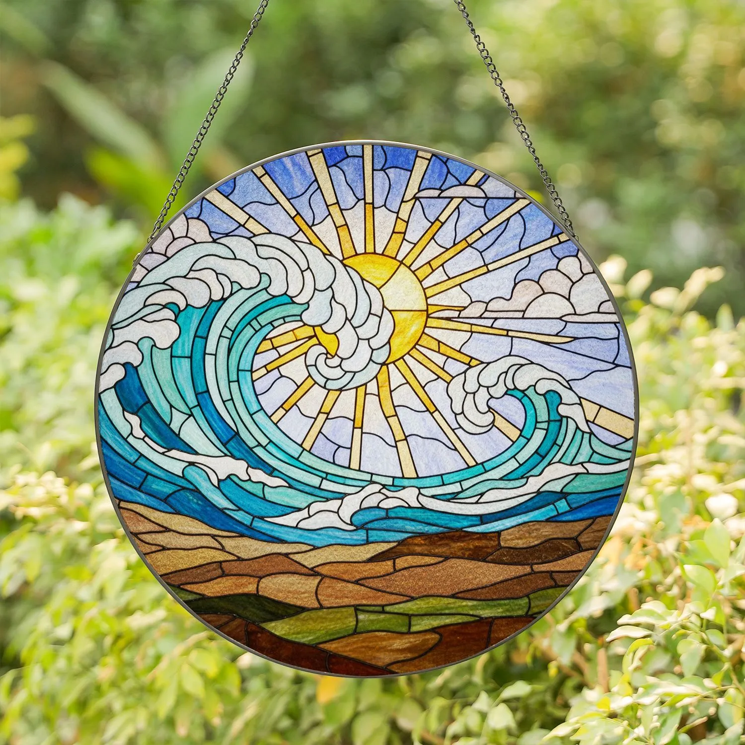 Tiffany Stained Glass Ocean Wave Sun Clouds Seascape Mosaic Coastal Beach Decor Gift Stained Glass Suncatcher - 1