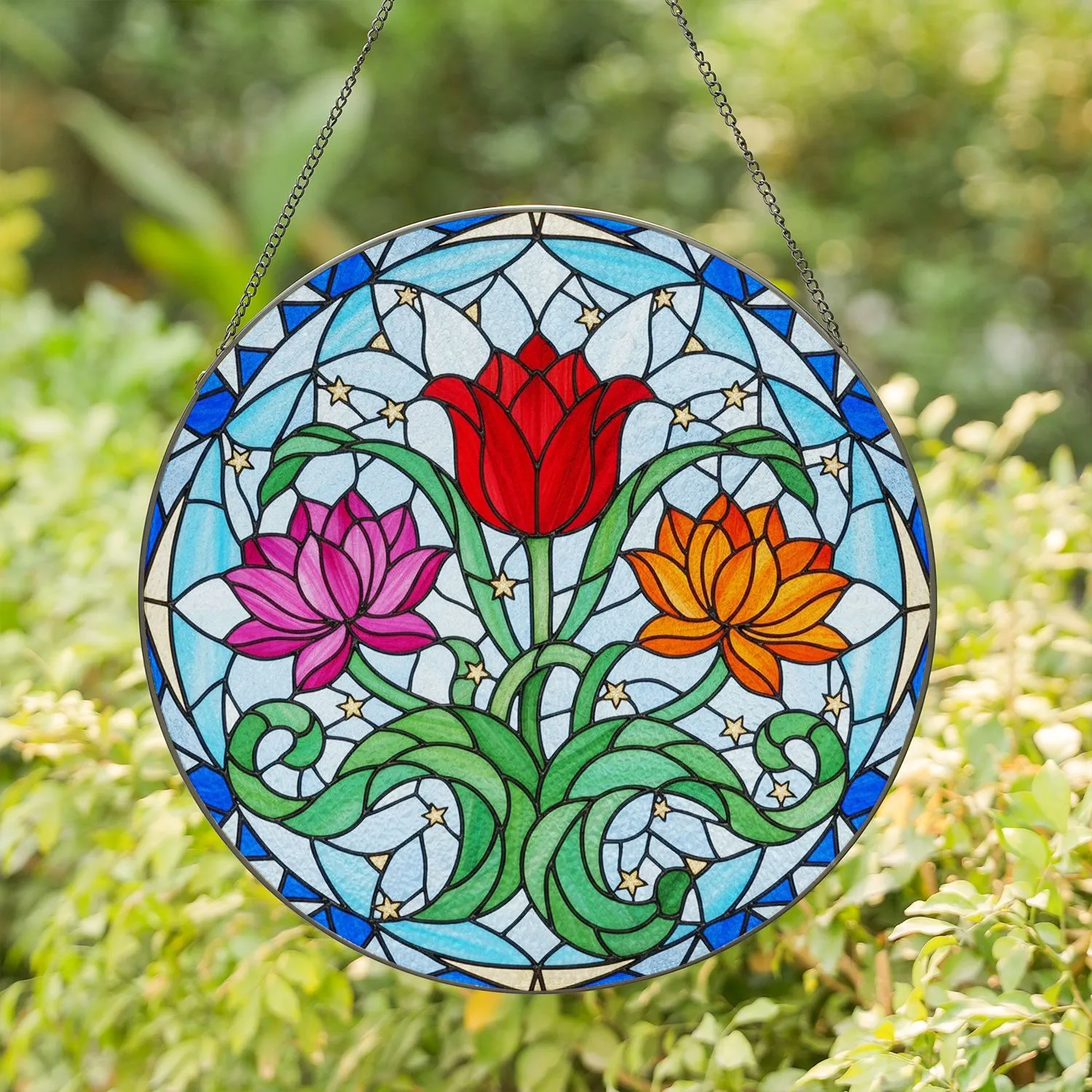 Tiffany Stained Glass Red Tulip Lotus Flowers - Floral Bloom Mosaic Jewel Tone Art Decor Stained Glass Suncatcher - 1