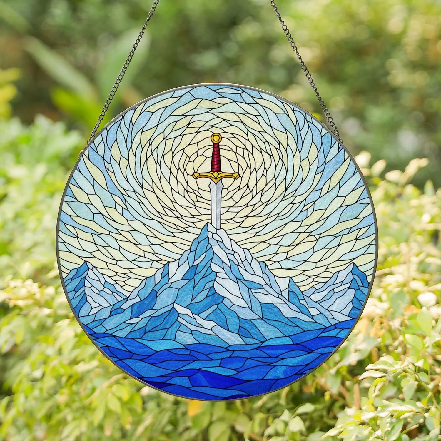 Fantasy Sword Impaled Icy Mountain Peak - Tiffany Stained Glass Jewel Tone Art Stained Glass Suncatcher - 1